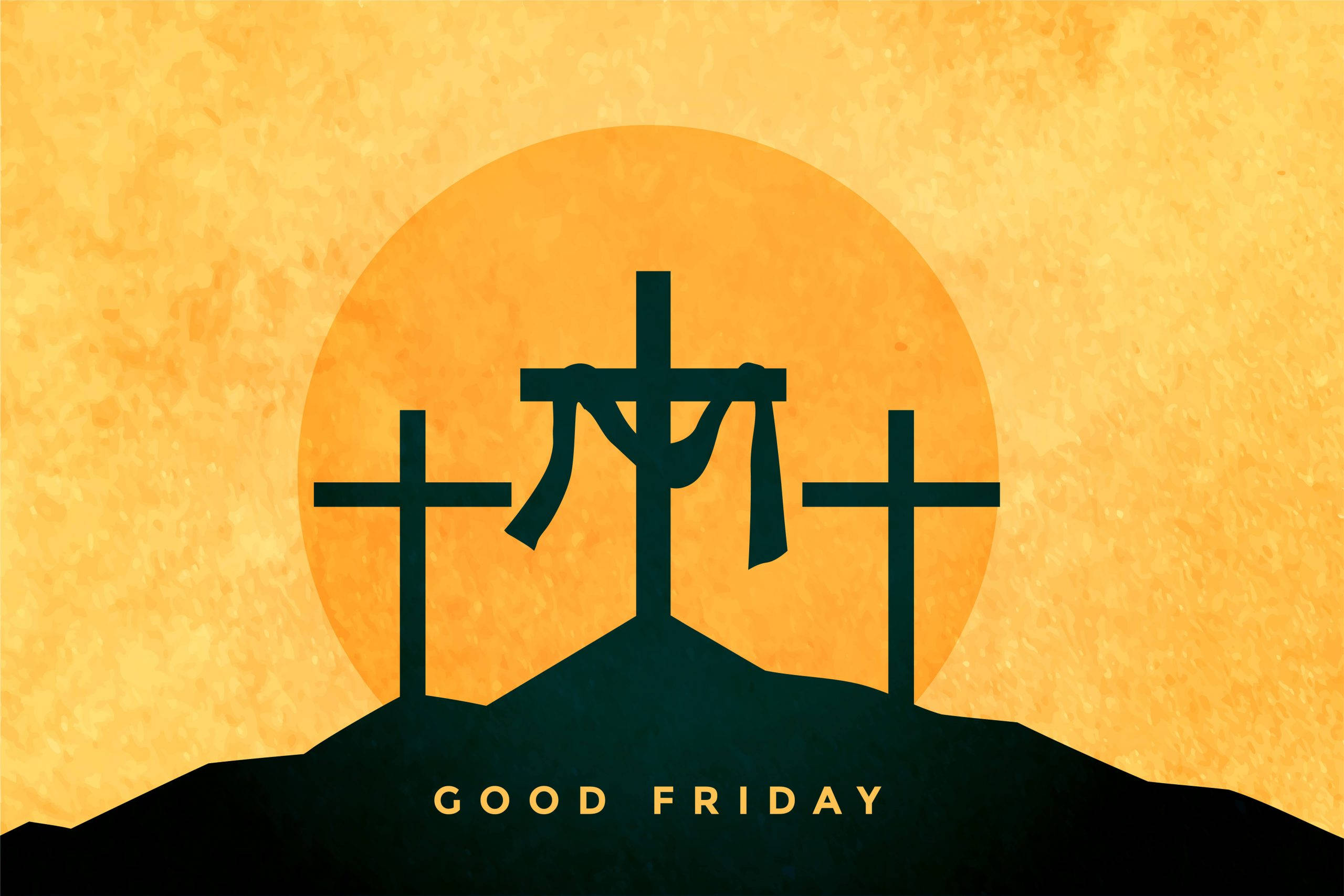 Friday 桌布 壁紙 — 三個黑色十字架剪影位於山丘上，背景是帶紋理的金色太陽，下方有「GOOD FRIDAY」文字。