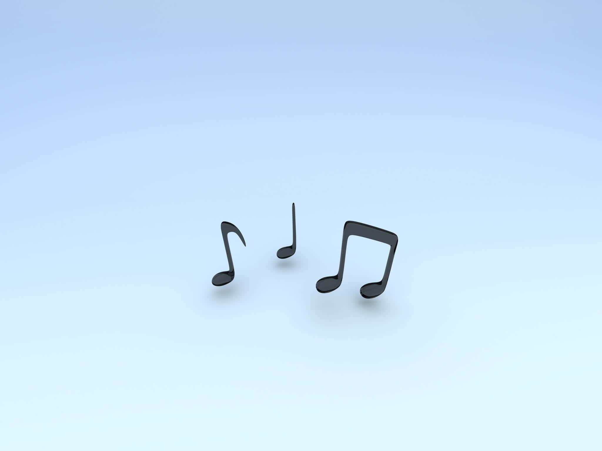 音樂美學 桌布 壁紙 — 三個黑色音符漂浮在柔和的漸變藍色背景上，帶有微妙的陰影。