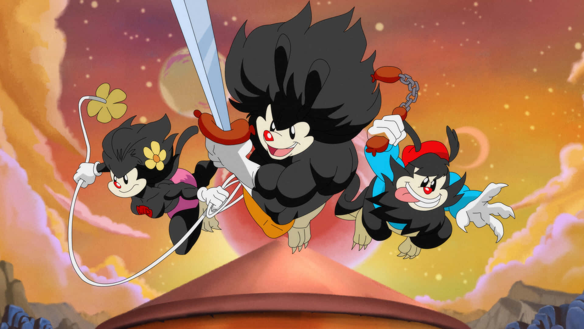 Animaniacs 桌布 壁紙 — 三個黑髮紅鼻的動漫角色手持武器和繩索在火紅的夕陽天空中翱翔。