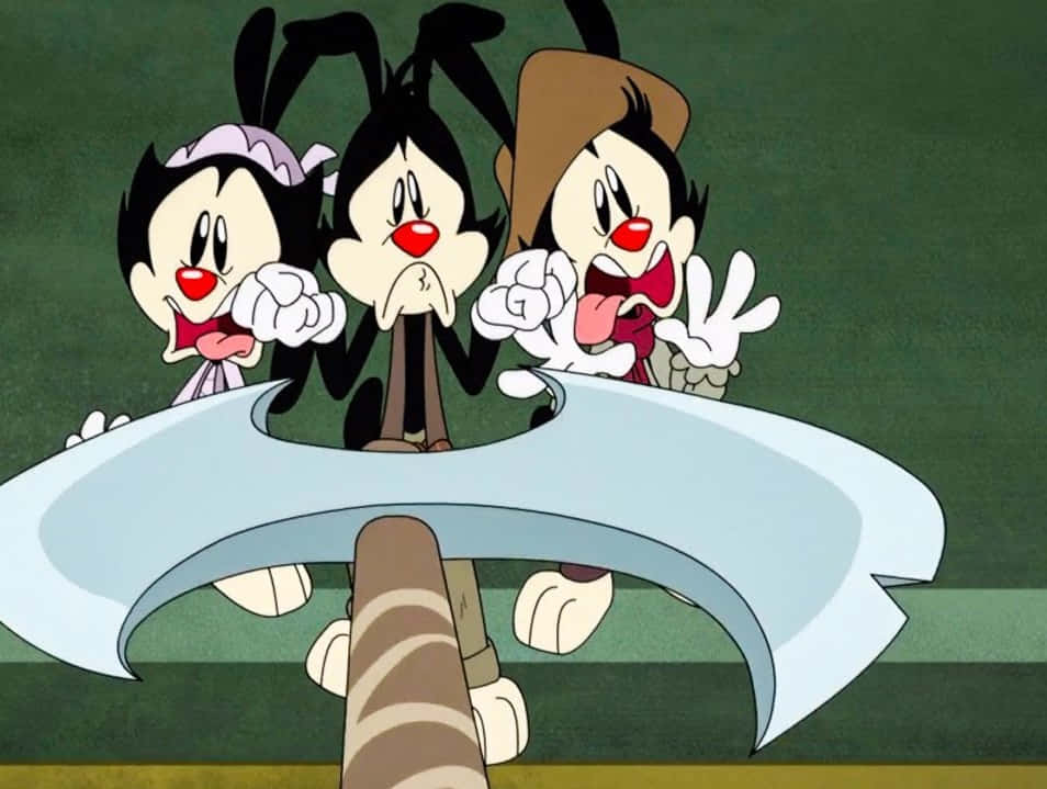 Animaniacs 桌布 壁紙 — 三個黑髮紅鼻的卡通角色瞪大眼睛從彎曲的刀片上方窺視。