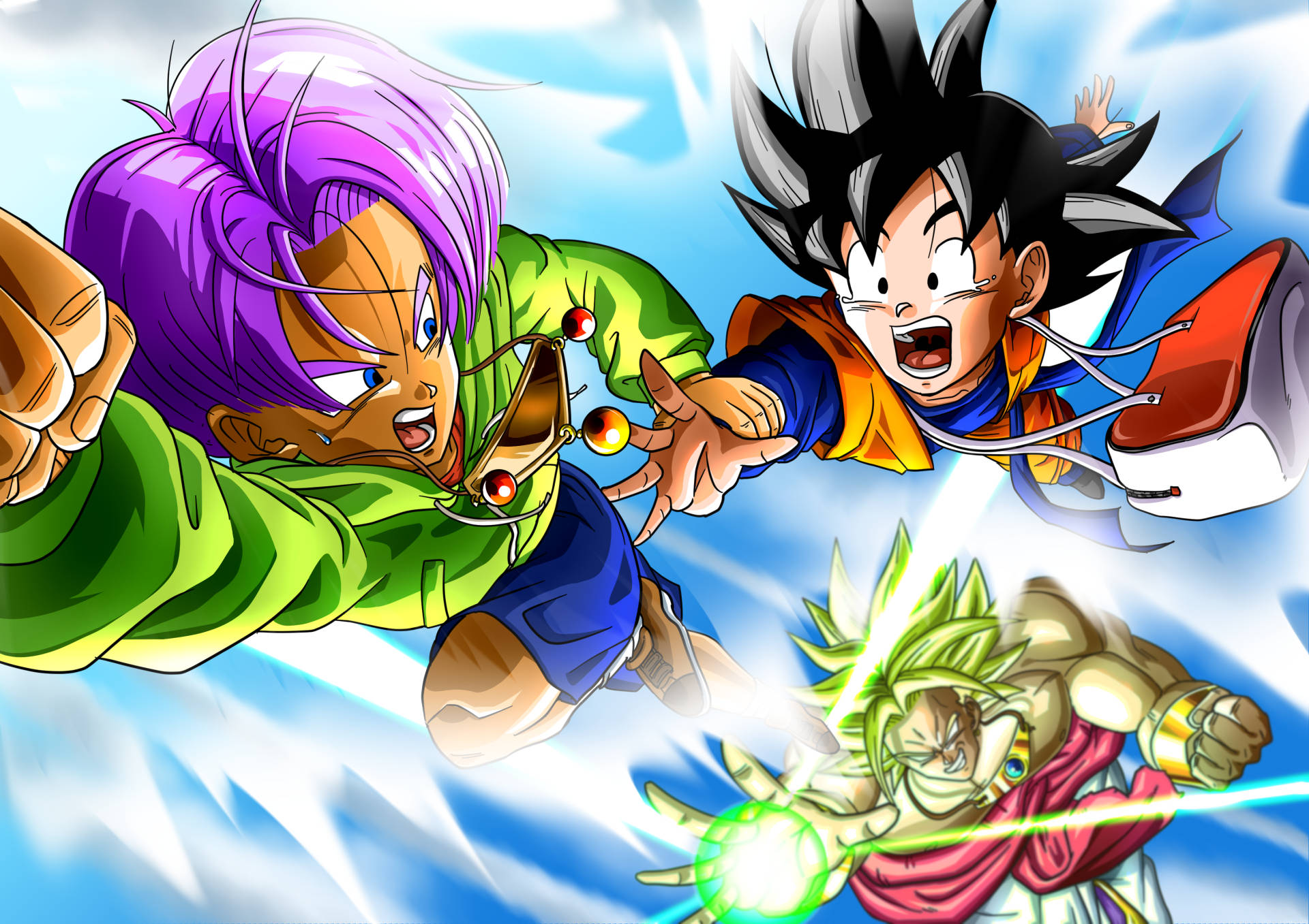Goten 桌布 壁紙 — 三個龍珠角色在明亮的藍天下，伴隨著能量爆炸和動態線條，進行激烈的戰鬥。