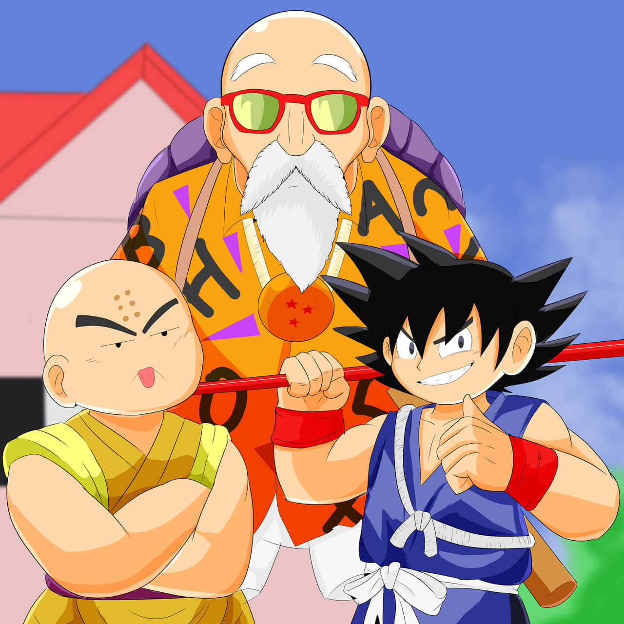 Turtle Hermit 桌布 壁紙 — 三個龍珠角色自信地拿著法杖，以明亮的藍天和紅頂建築為背景擺姿勢。