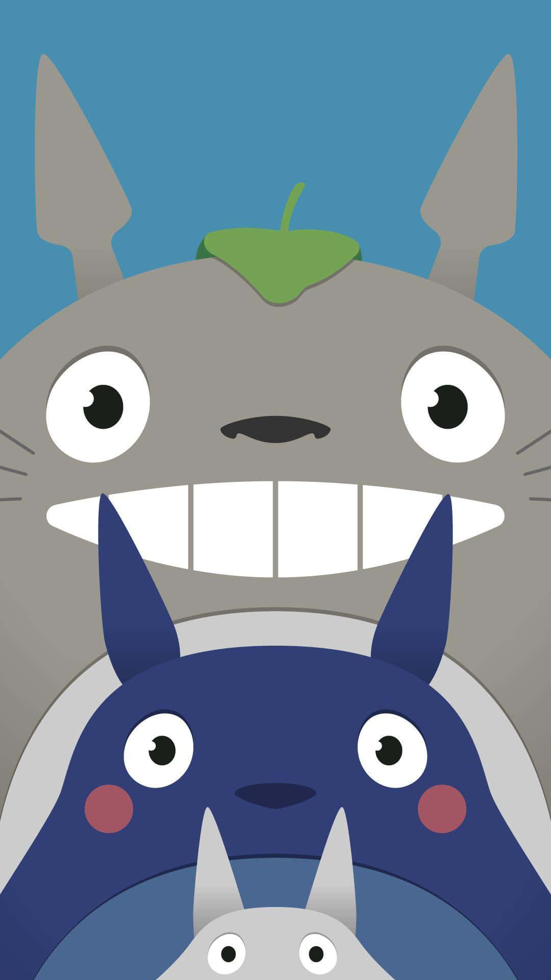 my neighbor totoro 桌布 壁紙 — 三個龍貓角色垂直堆疊，頭頂有一片綠葉，背景為純藍色。