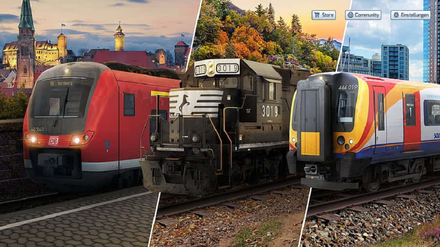 Simulation Games 桌布 壁紙 — 三列不同的火車在分開的軌道上：一列紅色現代火車靠近歷史小鎮，一列復古黑色機車穿過秋日樹林，以及一列色彩繽紛的通勤火車旁邊城市天際線。