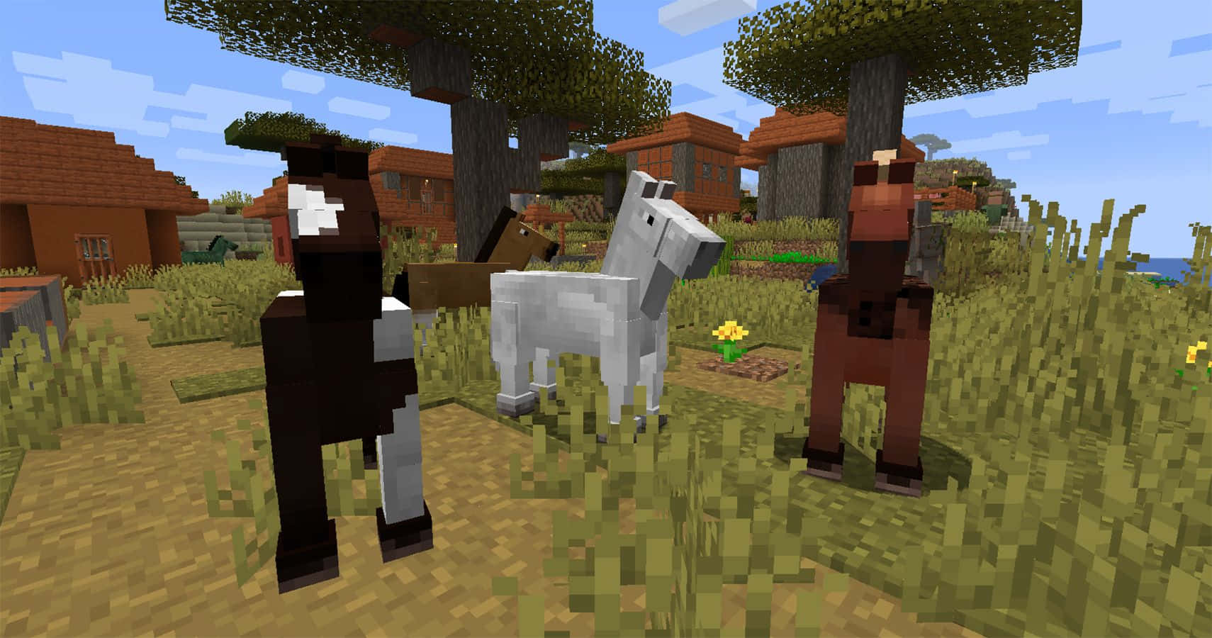 Minecraft Horses 桌布 壁紙 — 三匹像素化的馬站在一個長滿草的Minecraft村莊中，天空湛藍，有方塊狀的樹木和房屋。