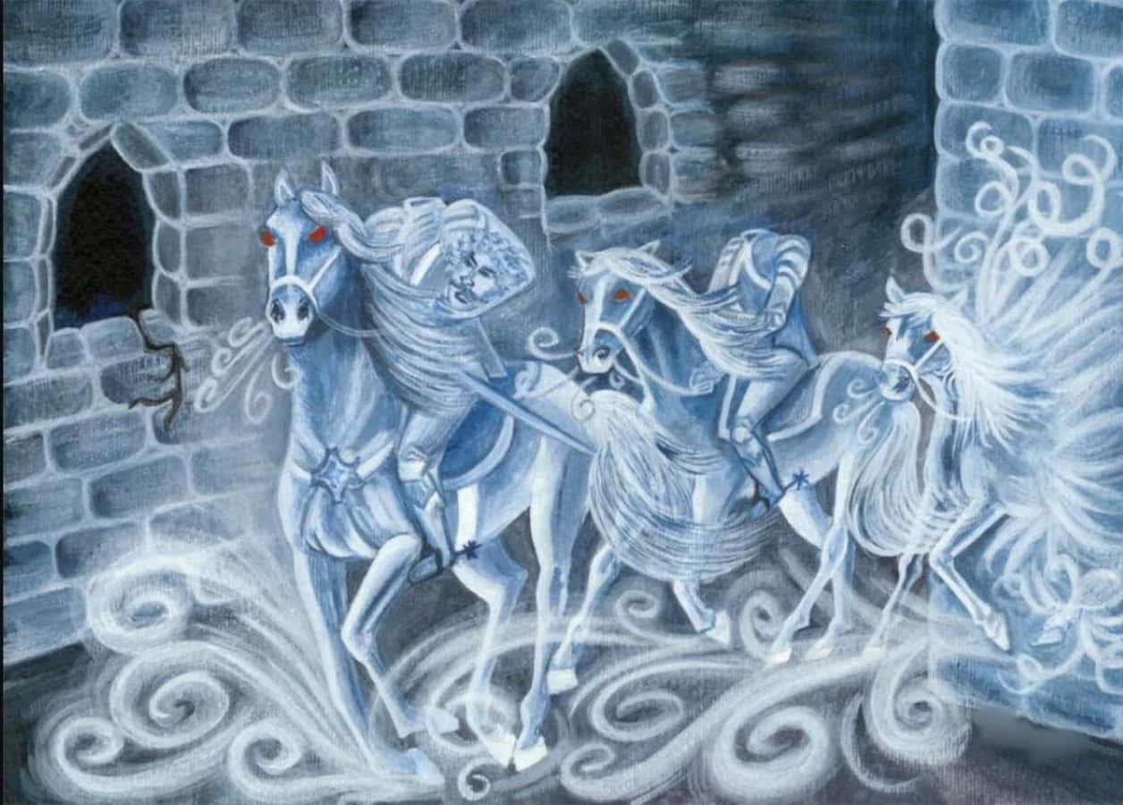 The Hogwarts Ghosts 桌布 壁紙 — 三匹幽靈般的白馬，閃爍著紅光的眼睛，在黑暗的石城堡走廊中奔騰，周圍環繞著飄渺的迷霧。