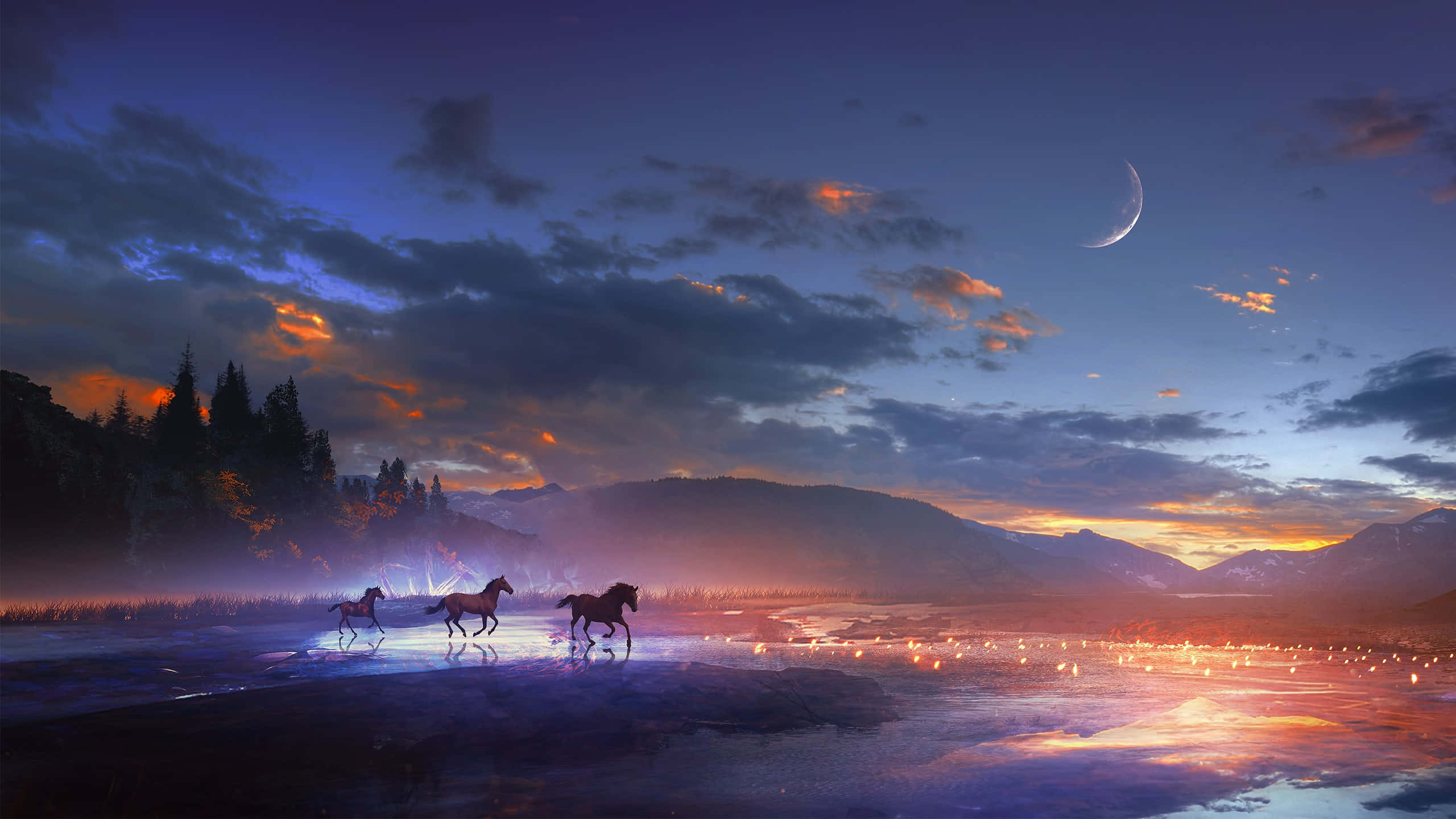 dreamy 桌布 壁紙 — 三匹馬奔騰過霧氣瀰漫的暮色湖泊，倒映著熾熱的橙色雲彩和遠山之上的新月。