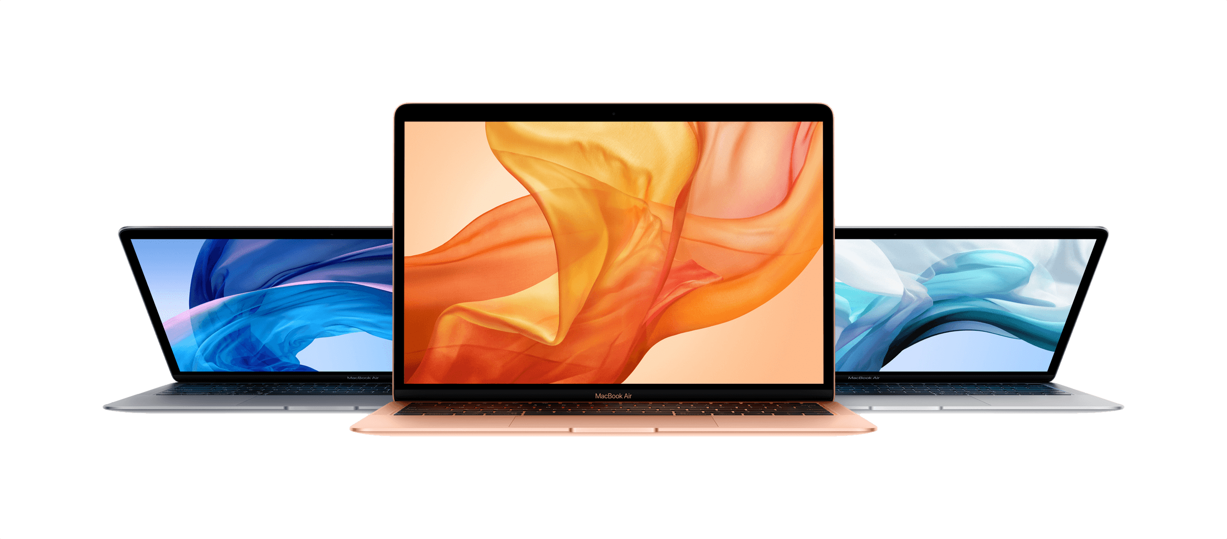 MacBook 動態圖片 桌布 壁紙 — 三台 MacBook 筆記型電腦在柔和的青綠色背景上展示充滿活力的抽象布料桌布。