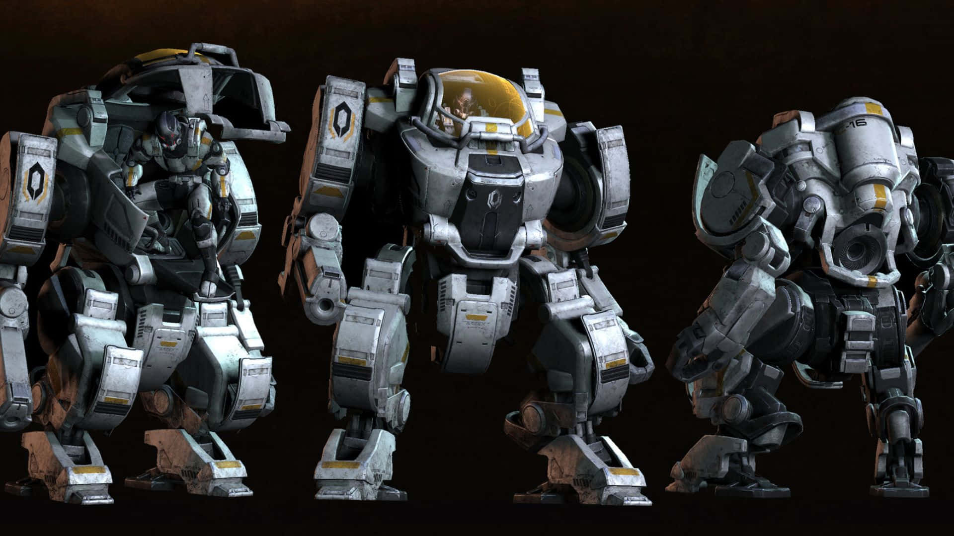 Mass Effect Cerberus 桌布 壁紙 — 三台令人印象深刻的未來風格裝甲機甲並排站在深色背景前，展示細緻的機械設計。