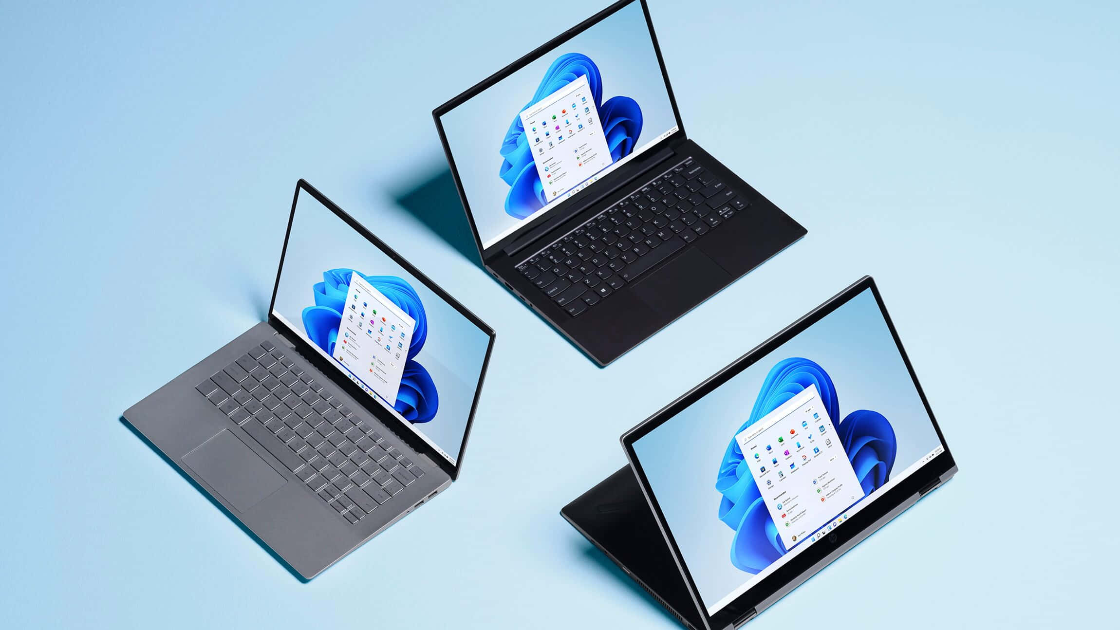 Windows Computer 桌布 壁紙 — 三台現代筆記型電腦傾斜放在淺藍色表面上，顯示充滿活力的藍色抽象 Windows 11 桌布。