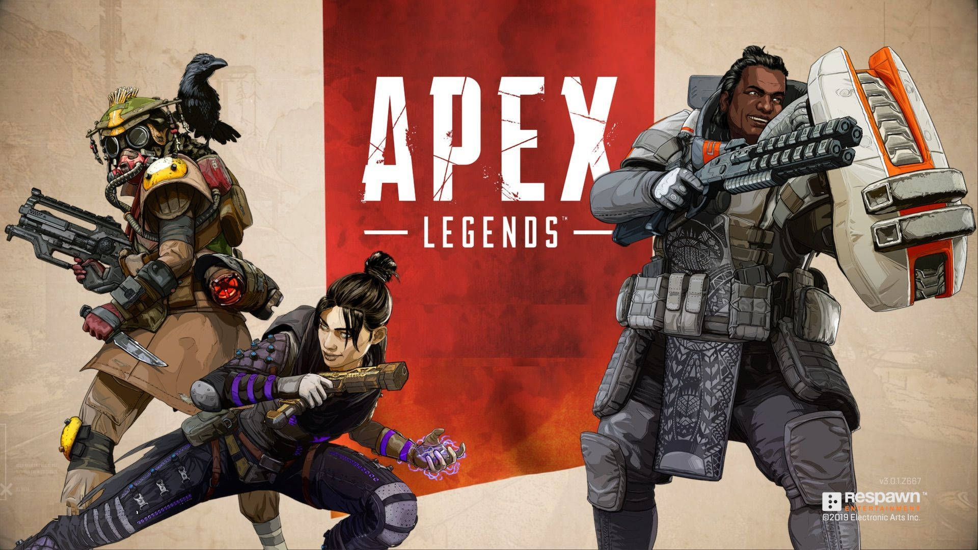 Apex 英雄 桌布 壁紙 — 三名《Apex Legends》角色身穿戰鬥裝備，在紅色和米色背景前動態擺姿勢，並帶有遊戲標題。