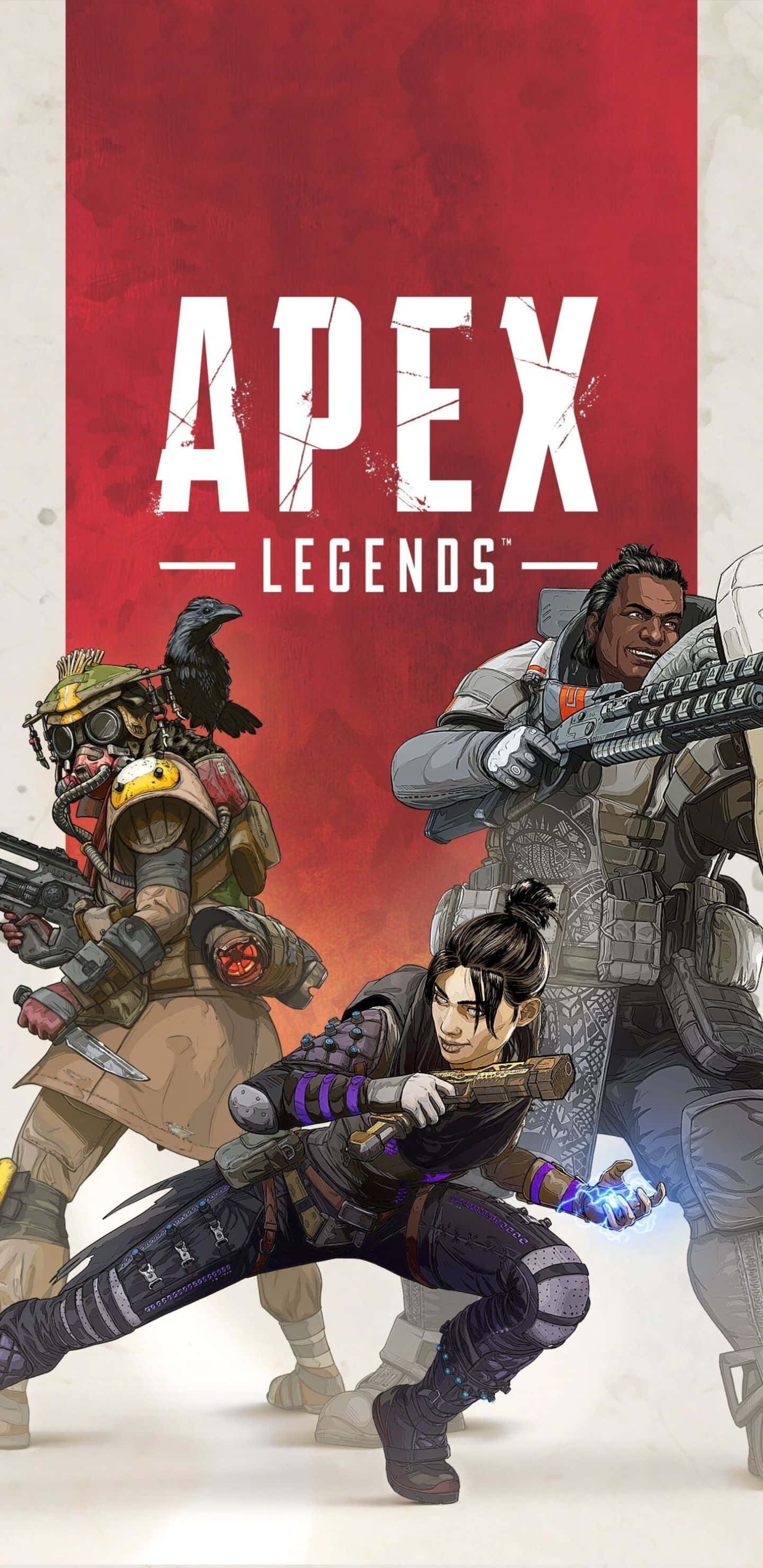 Pixel 3xl Apex Legends 桌布 壁紙 — 三名《Apex Legends》角色身穿戰鬥裝備，在帶有紋理的紅色背景上動態擺姿勢，並配有粗體白色標題文字。