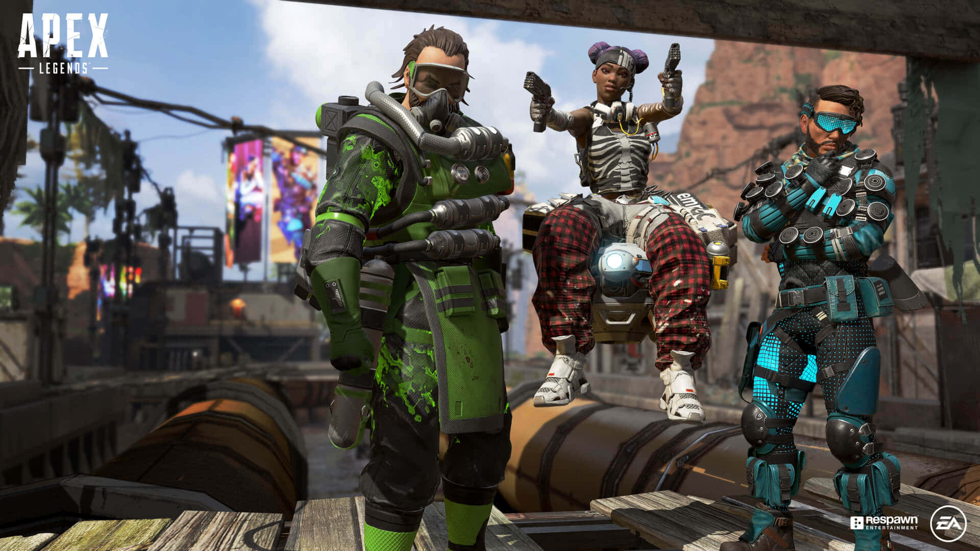 桌布 壁紙 — 三名《Apex Legends》角色身穿精細的未來風格裝備，站在陽光普照的工業環境中的木製平台上。