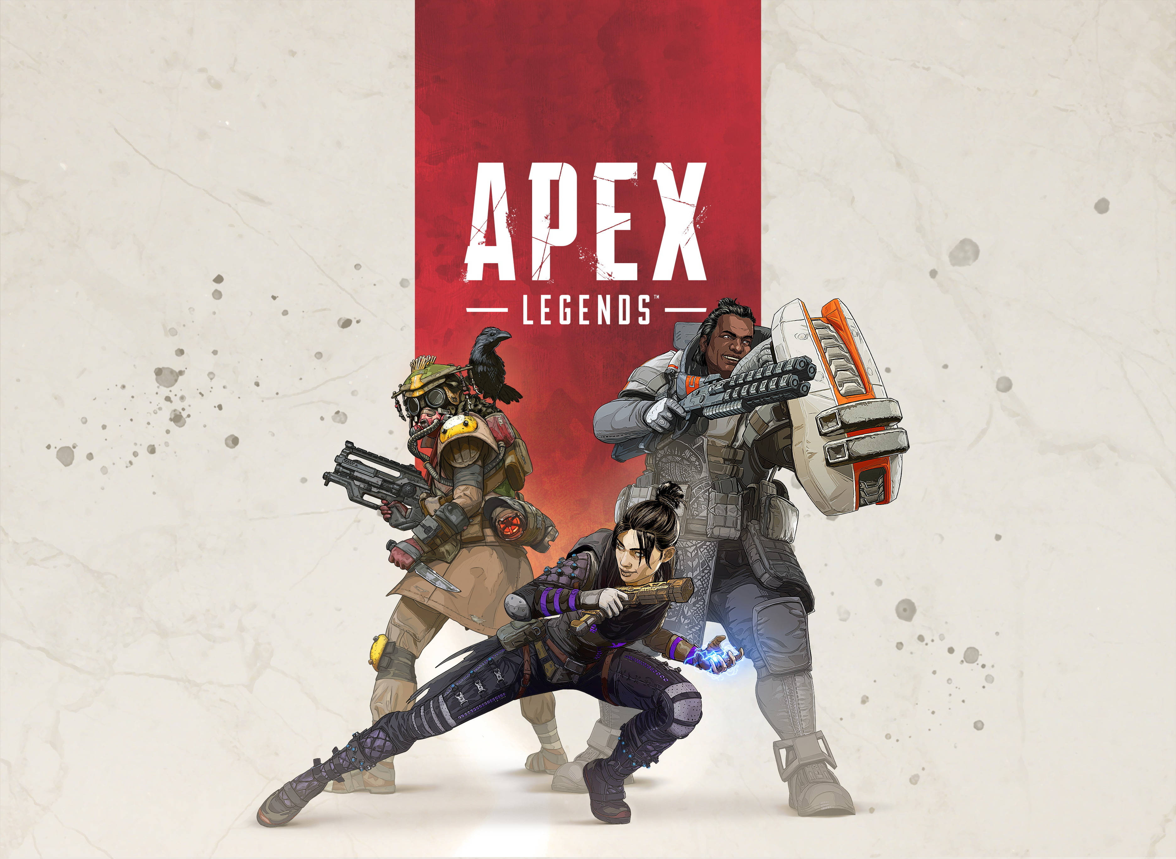 Legends 桌布 壁紙 — 三名《Apex Legends》角色以戰鬥姿態站在帶有遊戲標題的紅色垂直橫幅前。