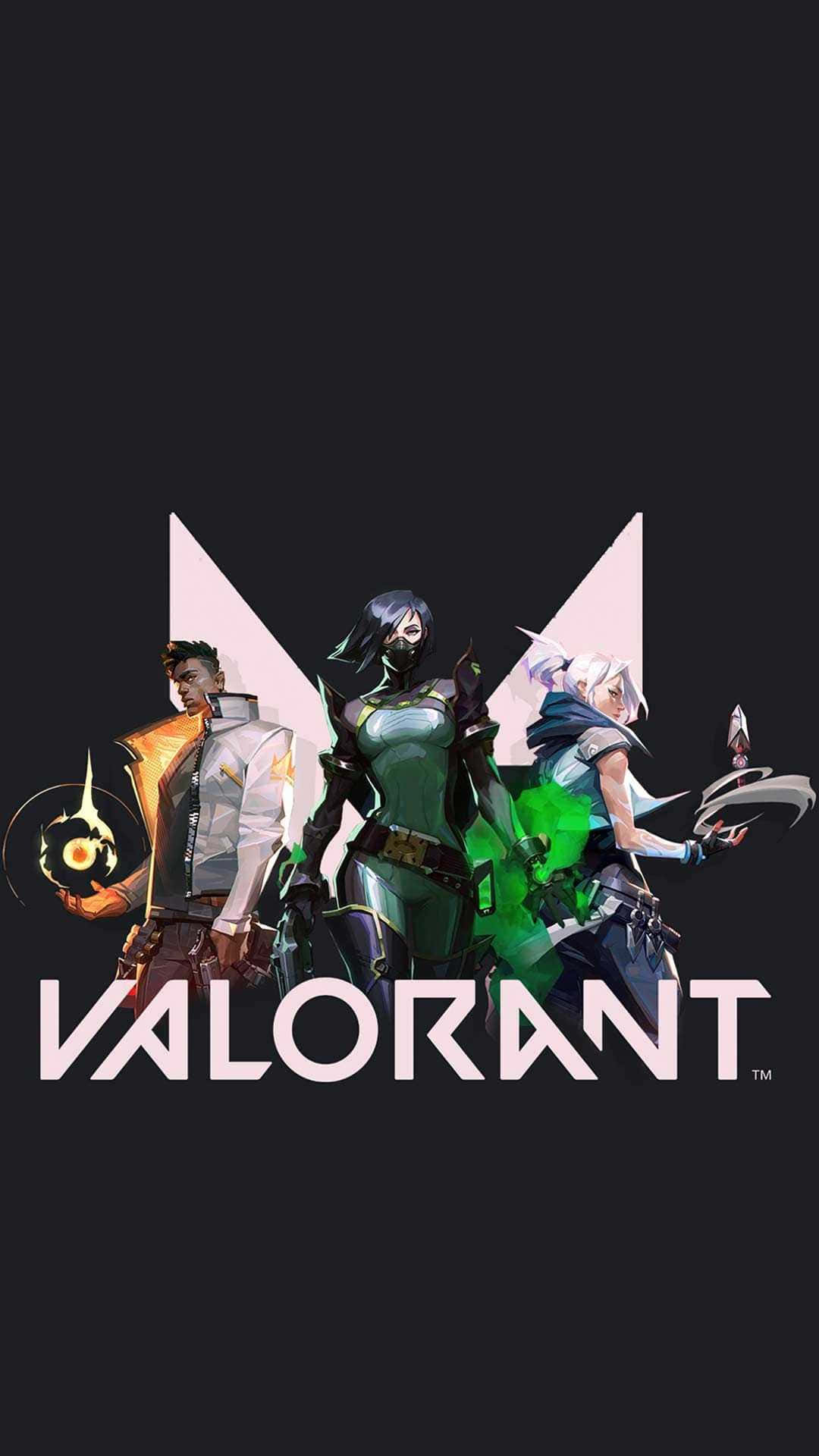 三名 Valorant 遊戲角色身穿戰鬥裝備，手持發光武器。 — Valorant Logo 壁紙