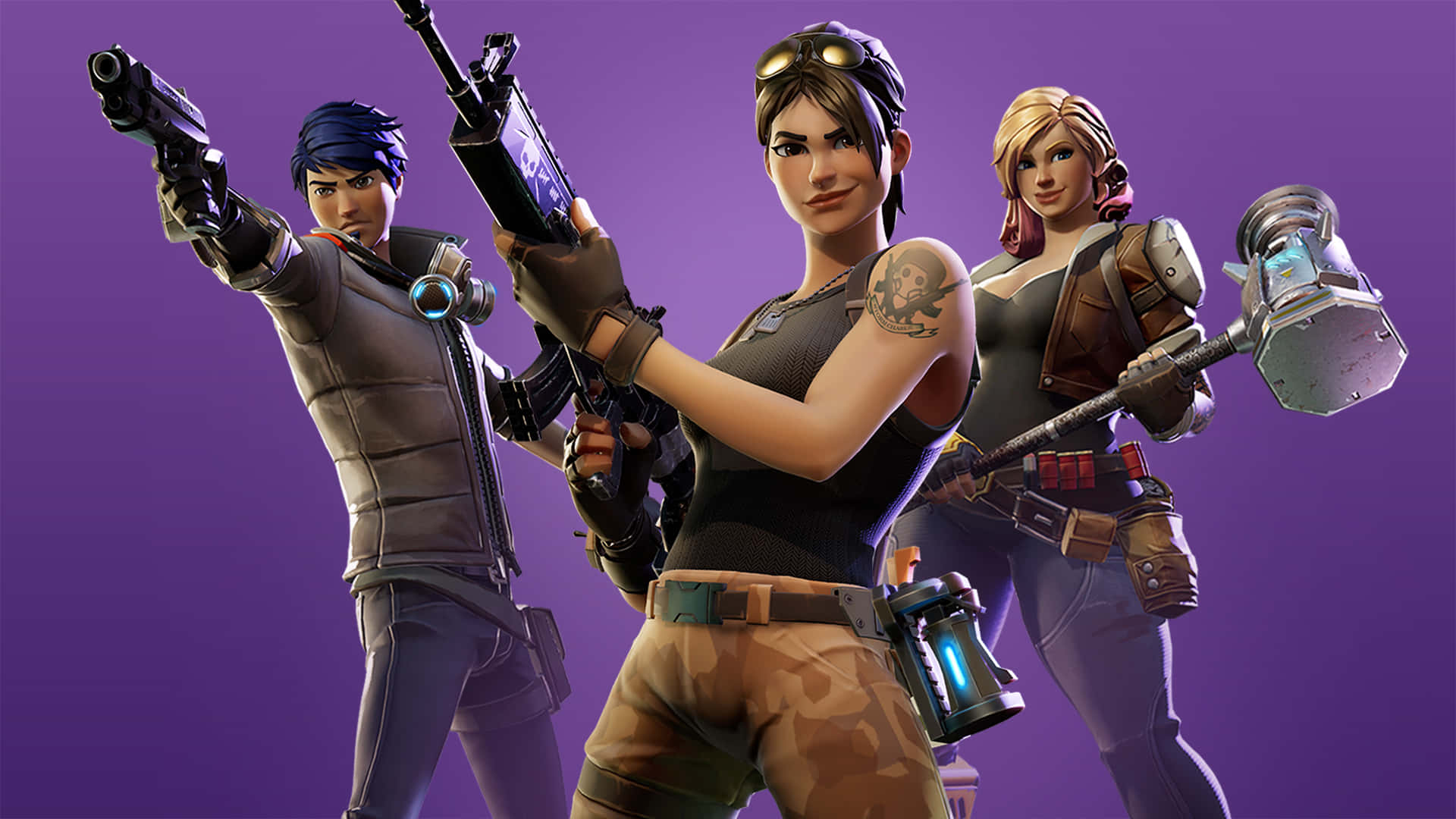 Fortnite Cool 桌布 壁紙 — 三名《要塞英雄》角色身穿戰鬥裝備，手持武器，在純紫色背景前擺姿勢。