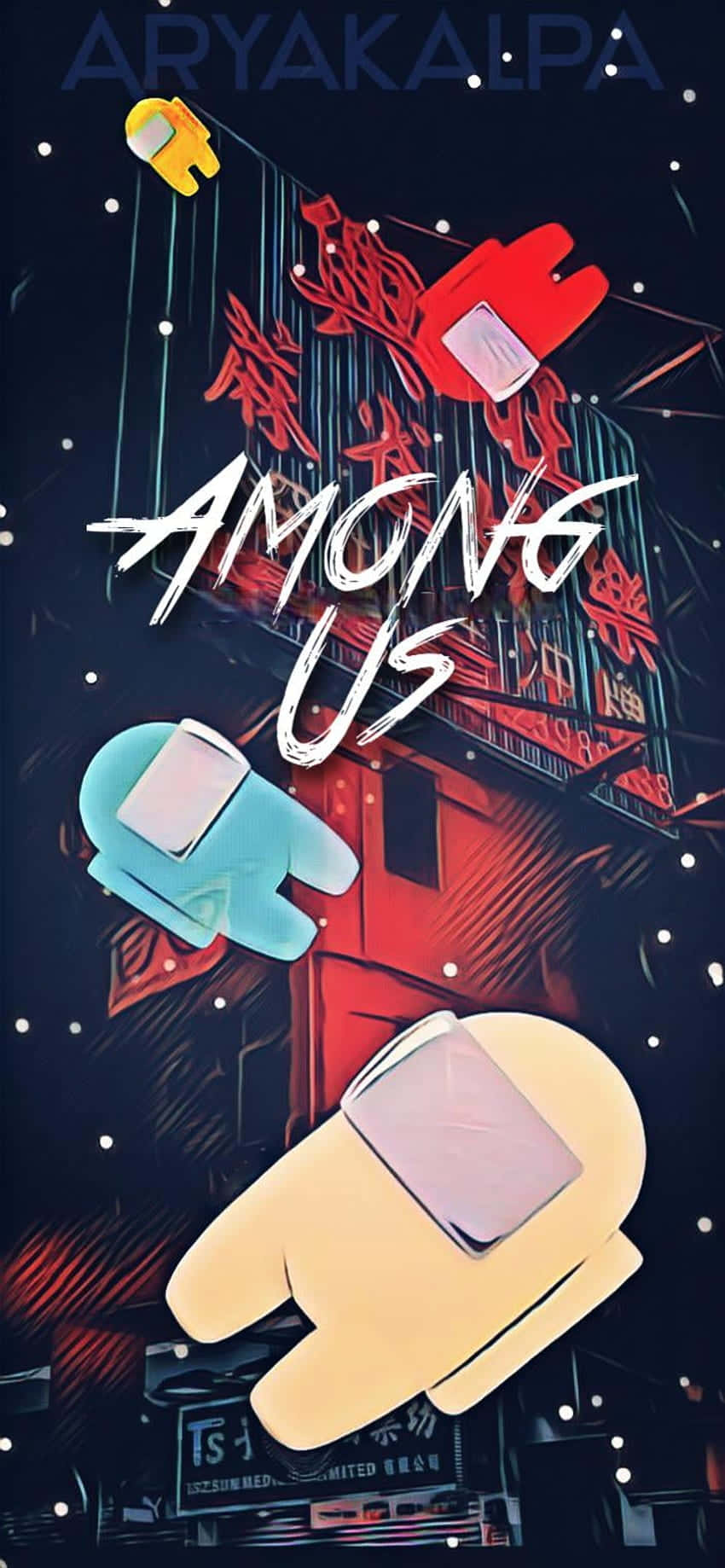 Among US Phone 桌布 壁紙 — 三名Among Us船員漂浮在太空中，靠近一艘帶有中文字元和星星的霓虹燈宇宙飛船。
