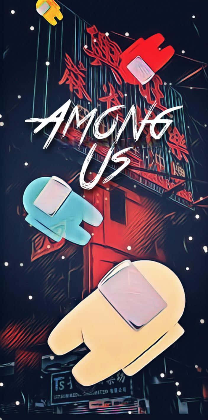 Among Us角色在夜晚漂浮在霓虹燈光下的未來城市中。 — Among US 壁紙