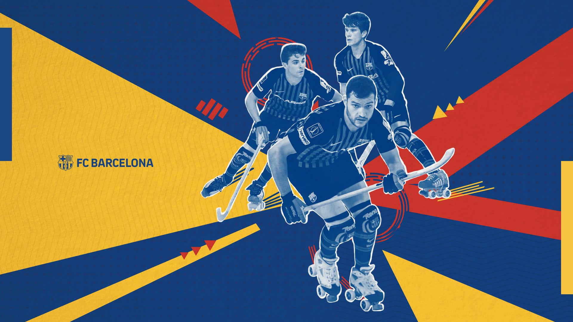 Fc Barcelona Desktop 桌布 壁紙 — 三名FC巴塞隆納滾軸曲棍球球員在鮮明的藍、黃、紅幾何背景中移動。