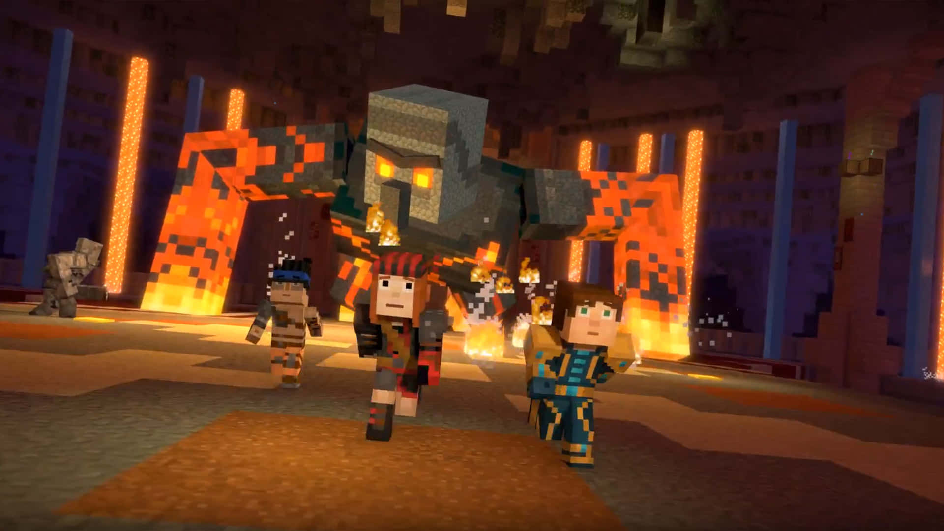 Minecraft Story Mode 桌布 壁紙 — 三名Minecraft玩家在一個帶有發光橙色柱子的像素化地牢中面對一隻巨大的火焰終界龍。