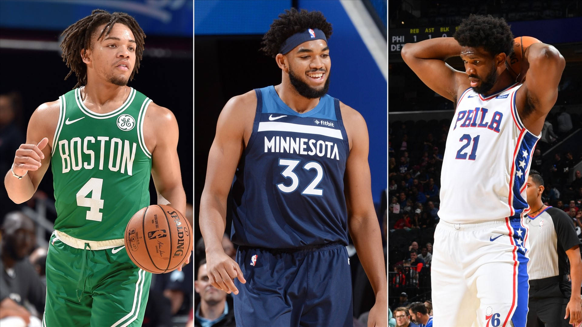 karl-anthony towns 桌布 壁紙 — 三名NBA籃球運動員在比賽中穿著波士頓塞爾提克、明尼蘇達灰狼和費城76人的球衣。