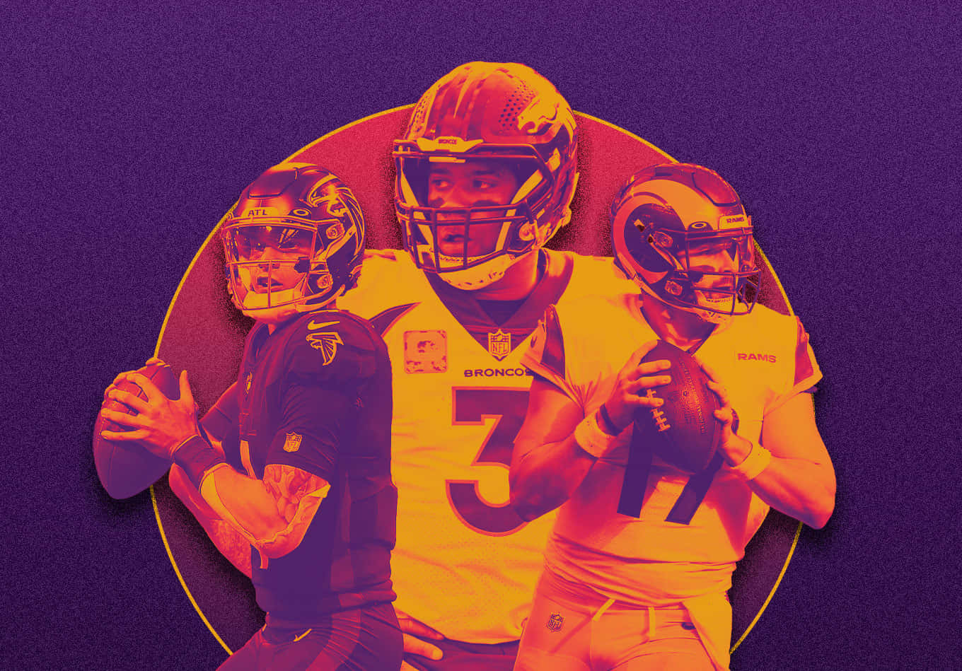 NFL 桌布 壁紙 — 三名NFL四分衛穿著球隊制服，站在圓形聚光燈下，背景為深紫色，帶有強烈的橙色和黃色調色。