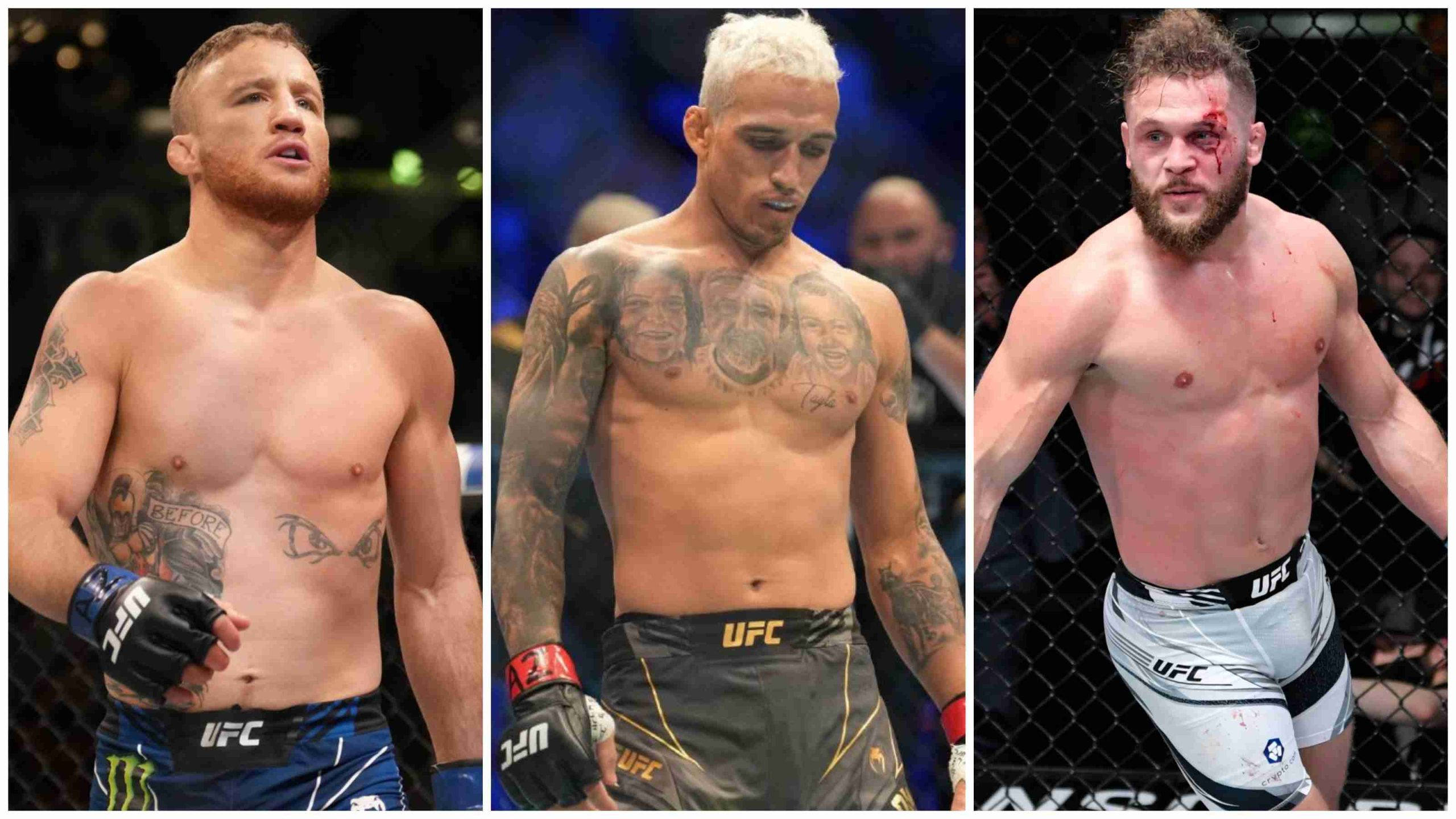 UFC 桌布 壁紙 — 三名UFC拳手在八角籠中賽後站立，一人滿臉是血，另一人有刺青，第三人留鬍鬚，全部顯示疲憊和強烈。