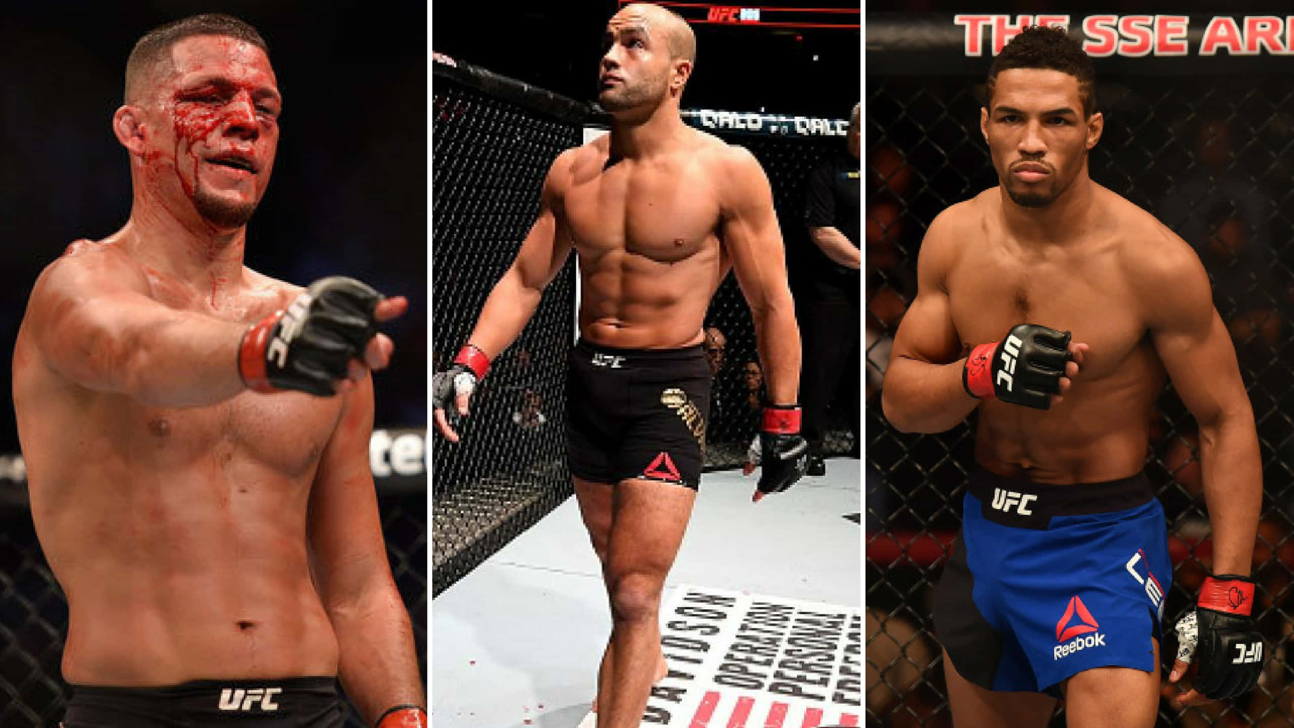 UFC 桌布 壁紙 — 三名UFC拳手在八角籠內，臉上帶血，眼神專注，在明亮的場館燈光下擺出運動姿勢。
