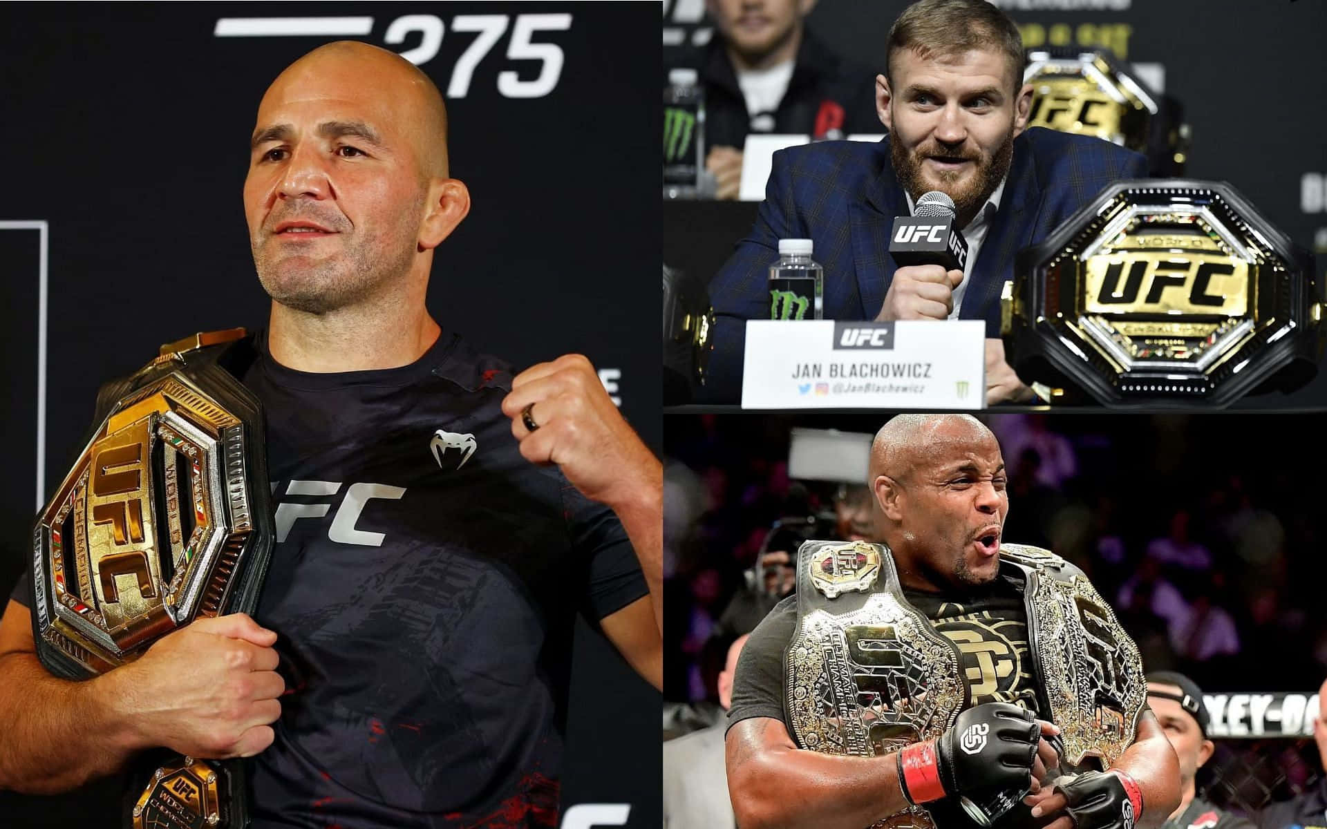 UFC 桌布 壁紙 — 三名UFC拳手在明亮的場館燈光下，於記者會及賽後時刻自豪地展示冠軍腰帶。