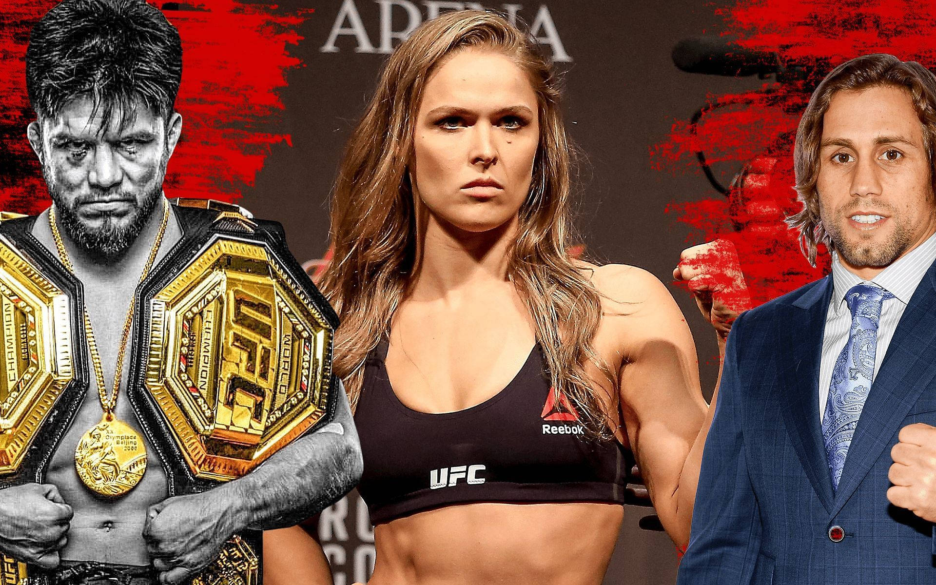 UFC 桌布 壁紙 — 三名UFC拳手在稱重活動中，佩戴冠軍腰帶和品牌裝備，在紅色競技場背景下擺出強烈的姿勢。
