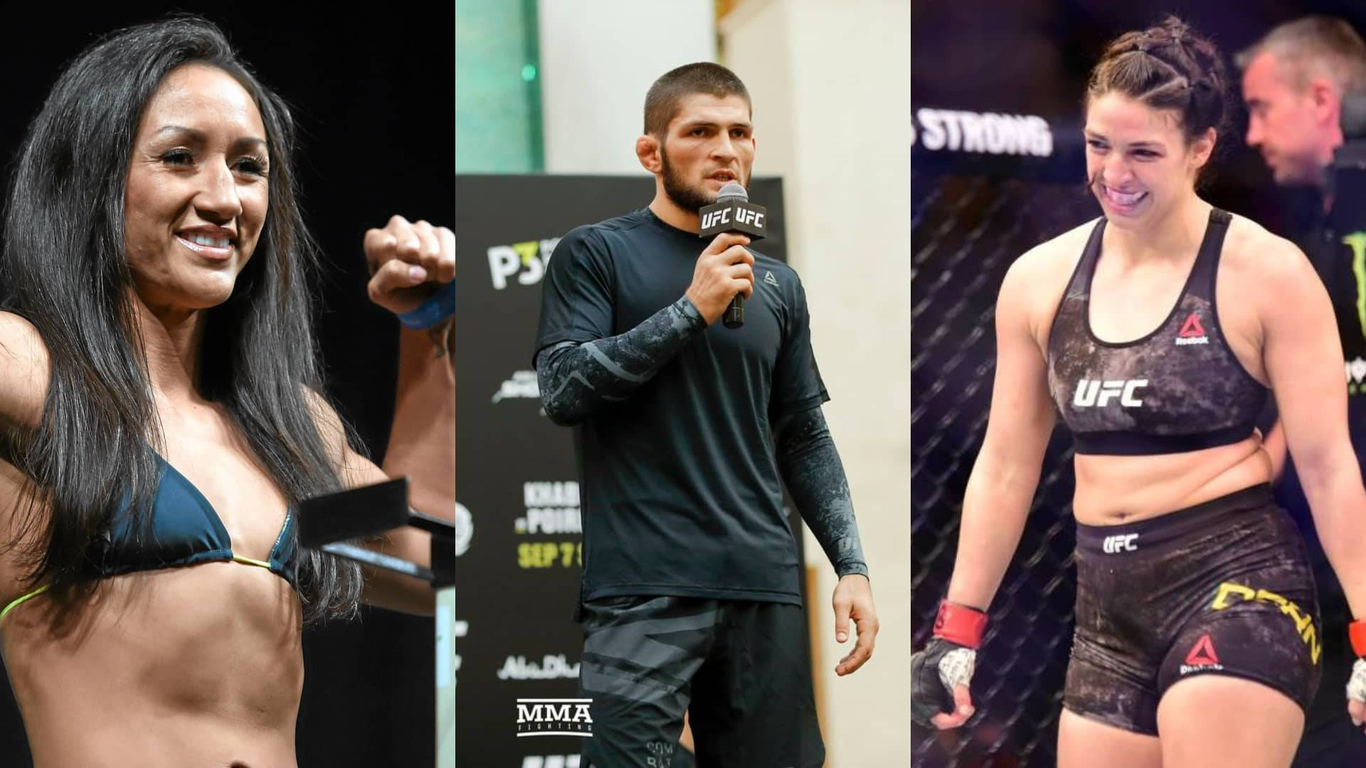 MMA 桌布 壁紙 — 三名UFC拳手在記者會上自信地擺姿勢，背景有品牌標誌，身穿運動服。
