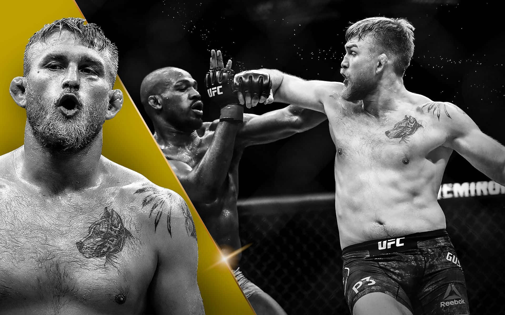 UFC 桌布 壁紙 — 三名UFC拳手激烈搏鬥，採用戲劇性的黑黃分色設計，突顯肌肉線條和紋身。