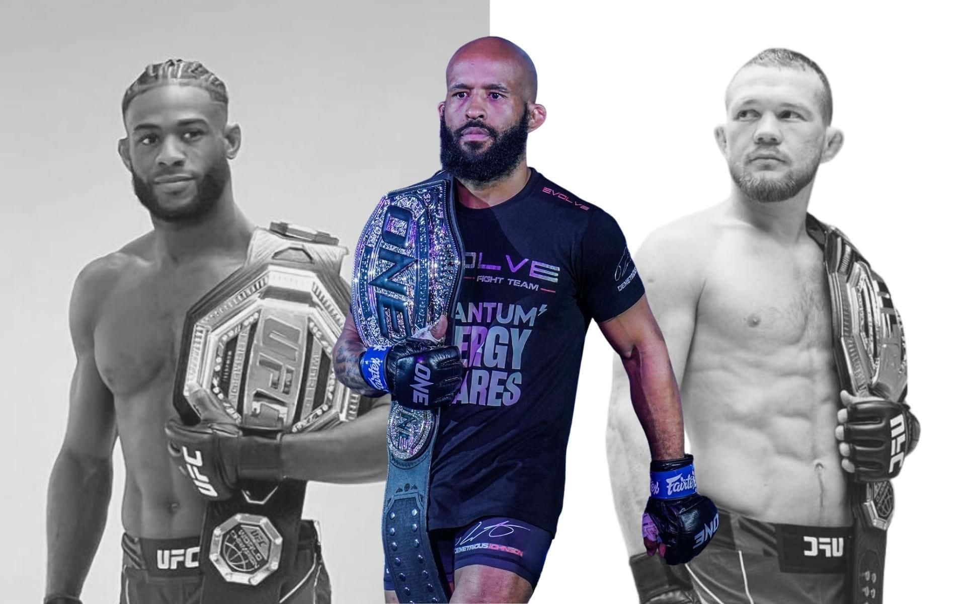 MMA 桌布 壁紙 — 三名UFC拳手自信地擺姿勢，手持冠軍腰帶，背景為分割的黑白單色。