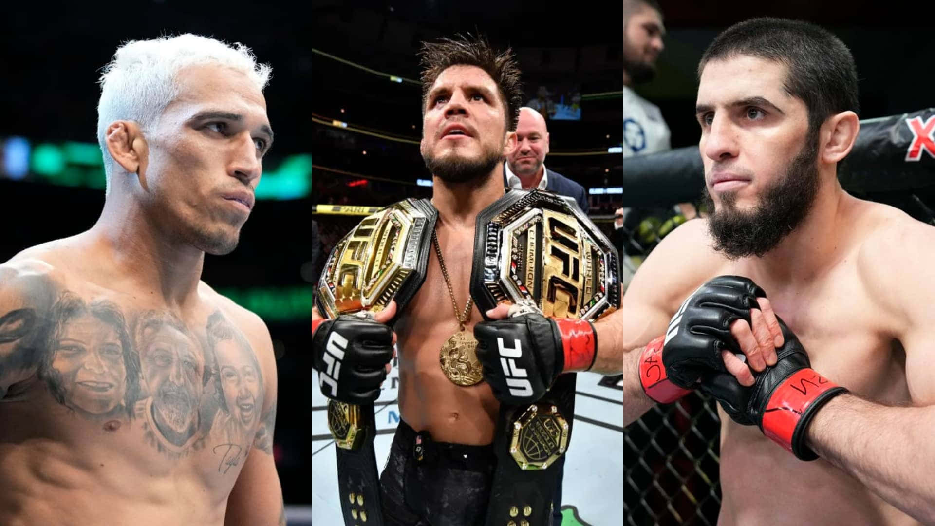 UFC 桌布 壁紙 — 三名UFC拳手身穿八角籠裝備，在場館燈光下擺出強烈姿勢，其中一人手持冠軍腰帶。