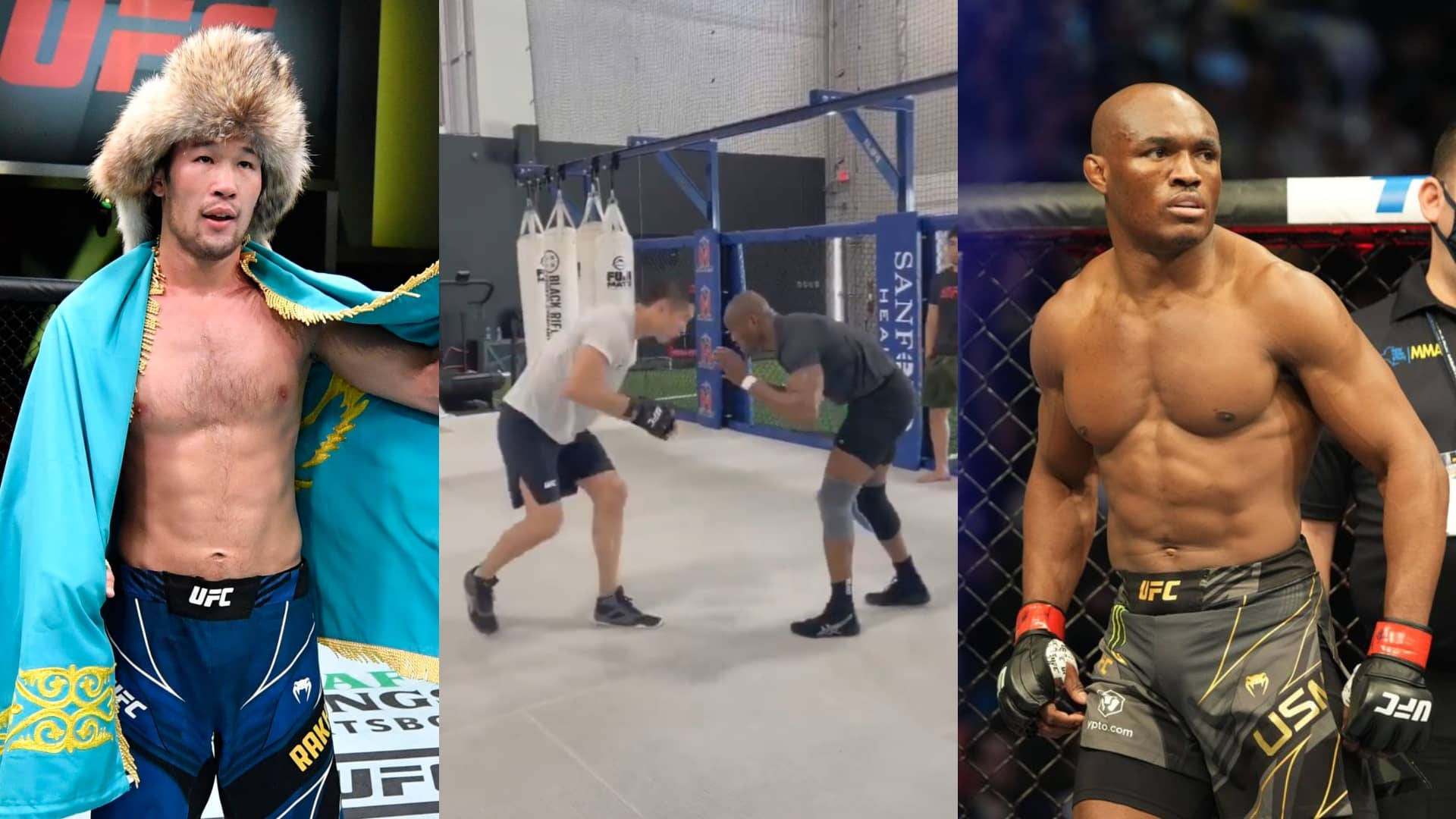 UFC 桌布 壁紙 — 三名UFC拳手身穿戰鬥裝備，在健身房和八角籠中自信擺出冠軍氣勢的姿勢。