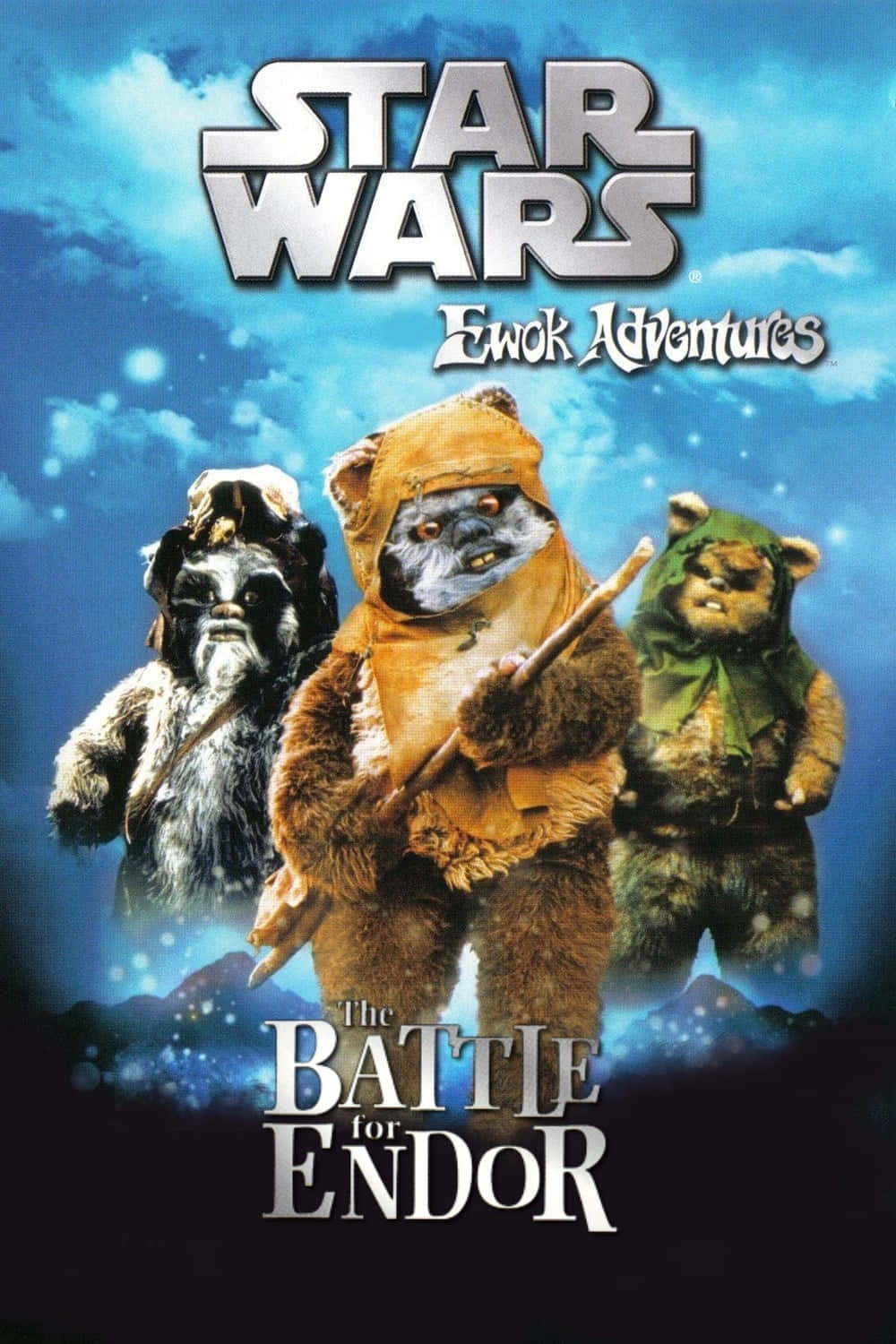 The Battle Of Endor 桌布 壁紙 — 三名伊沃克戰士在繁星點點的藍天下，以山脈剪影和發光粒子為背景，準備就緒。