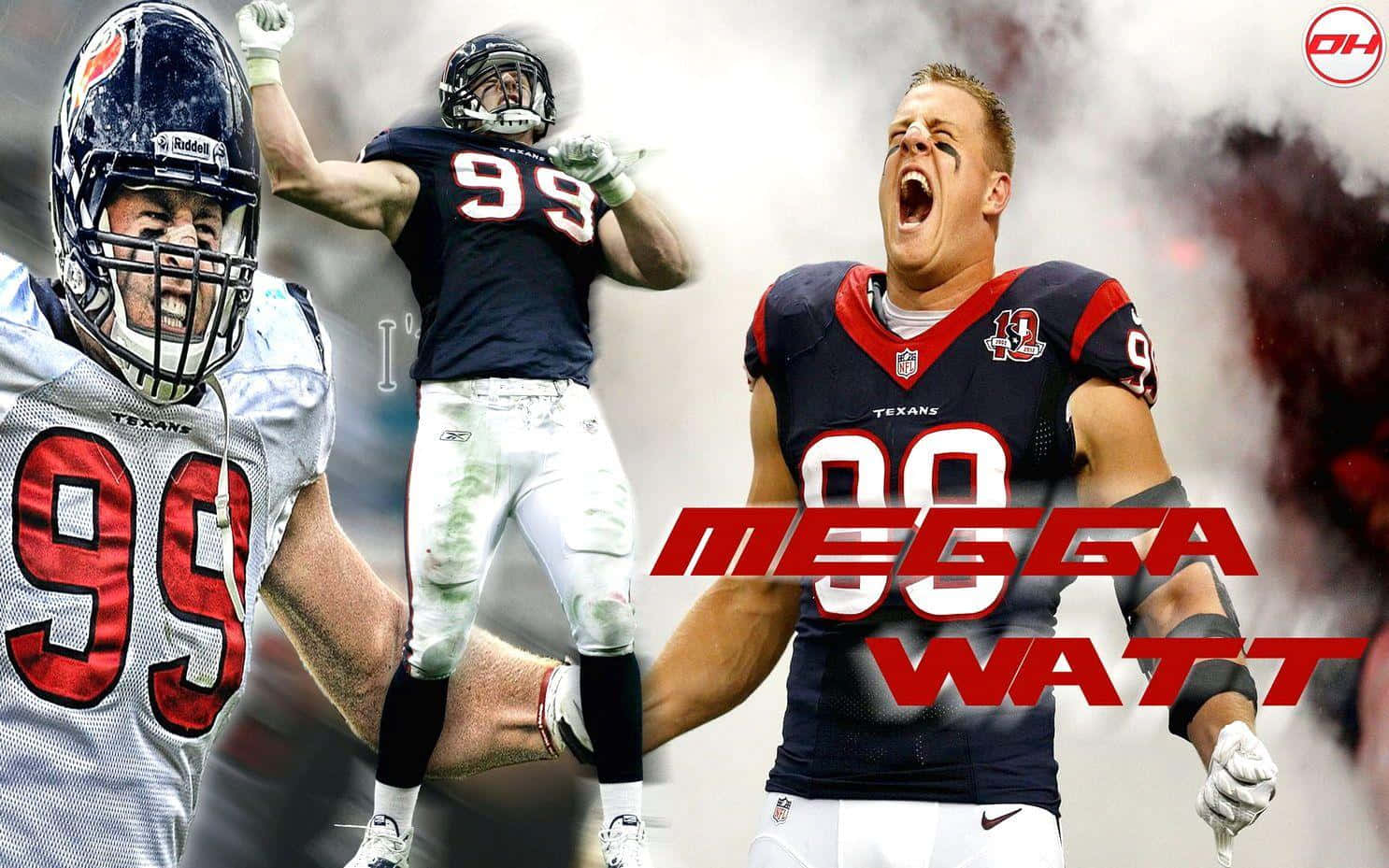 Jj Watt 桌布 壁紙 — 三名休士頓德州人美式足球員以動作姿勢呈現，帶有 'MEGGA WATT' 文字疊加在煙霧背景上。