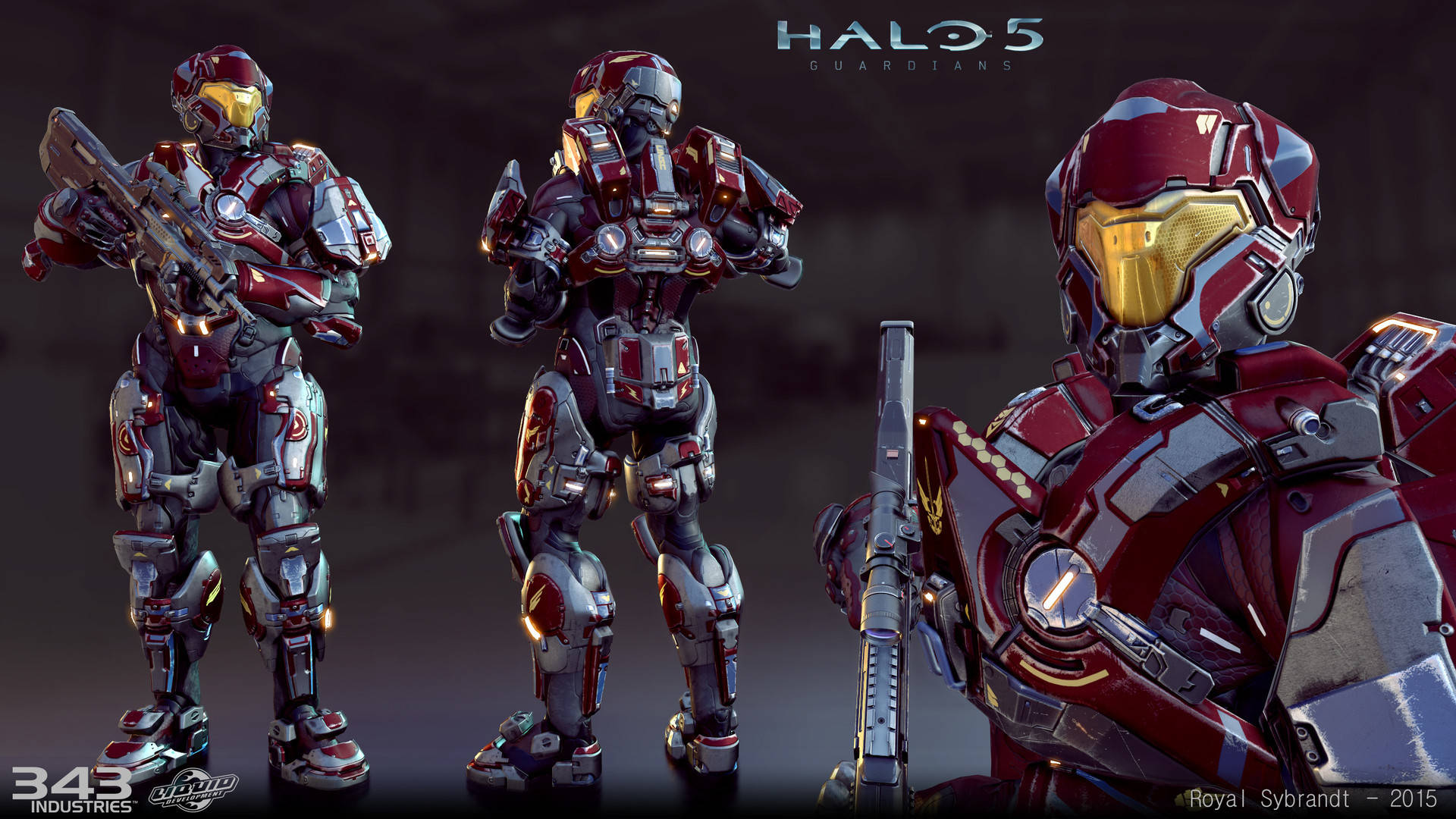 4K halo 桌布 壁紙 — 三名來自《最後一戰5：守護者》的裝甲斯巴達戰士站在黑暗的攝影棚中，他們的套裝上有發光的紅色和金色點綴。
