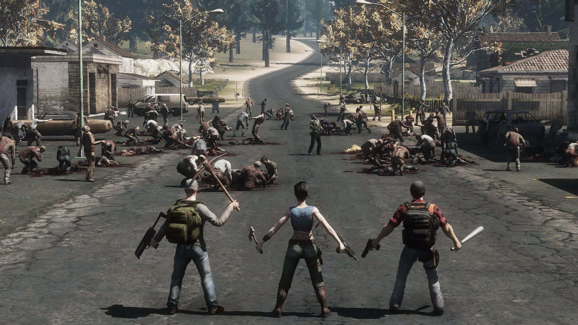 World War Z 桌布 壁紙 — 三名倖存者背靠背揮舞武器，成群殭屍湧入陽光普照的郊區街道。