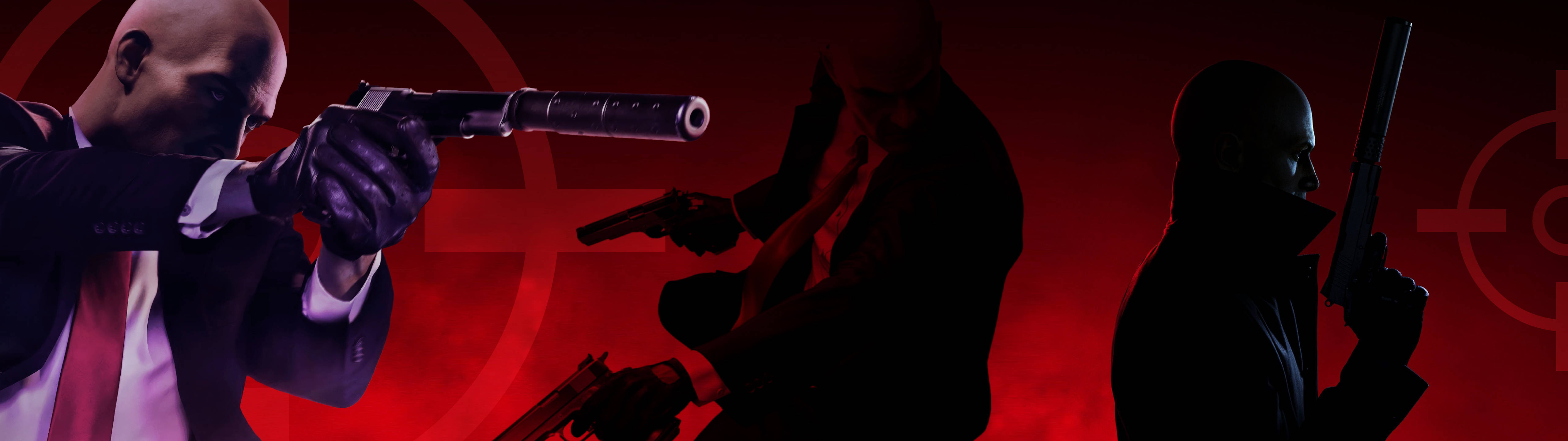 5120x1440 gaming 桌布 壁紙 — 三名光頭殺手身穿西裝，在煙霧效果中將槍指向發光的紅色靶心背景。