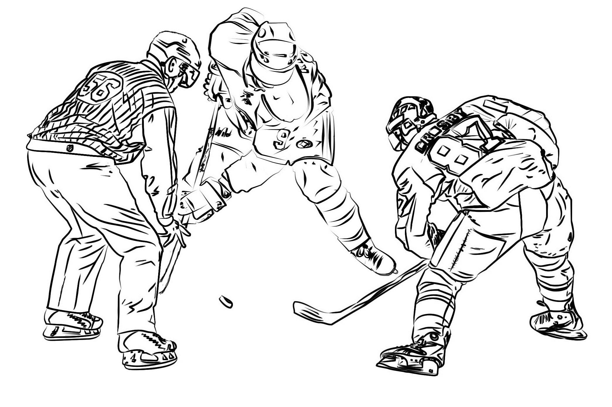 hockey 桌布 壁紙 — 三名全副武裝的冰球運動員在動態黑白線條藝術插圖中爭奪冰球。