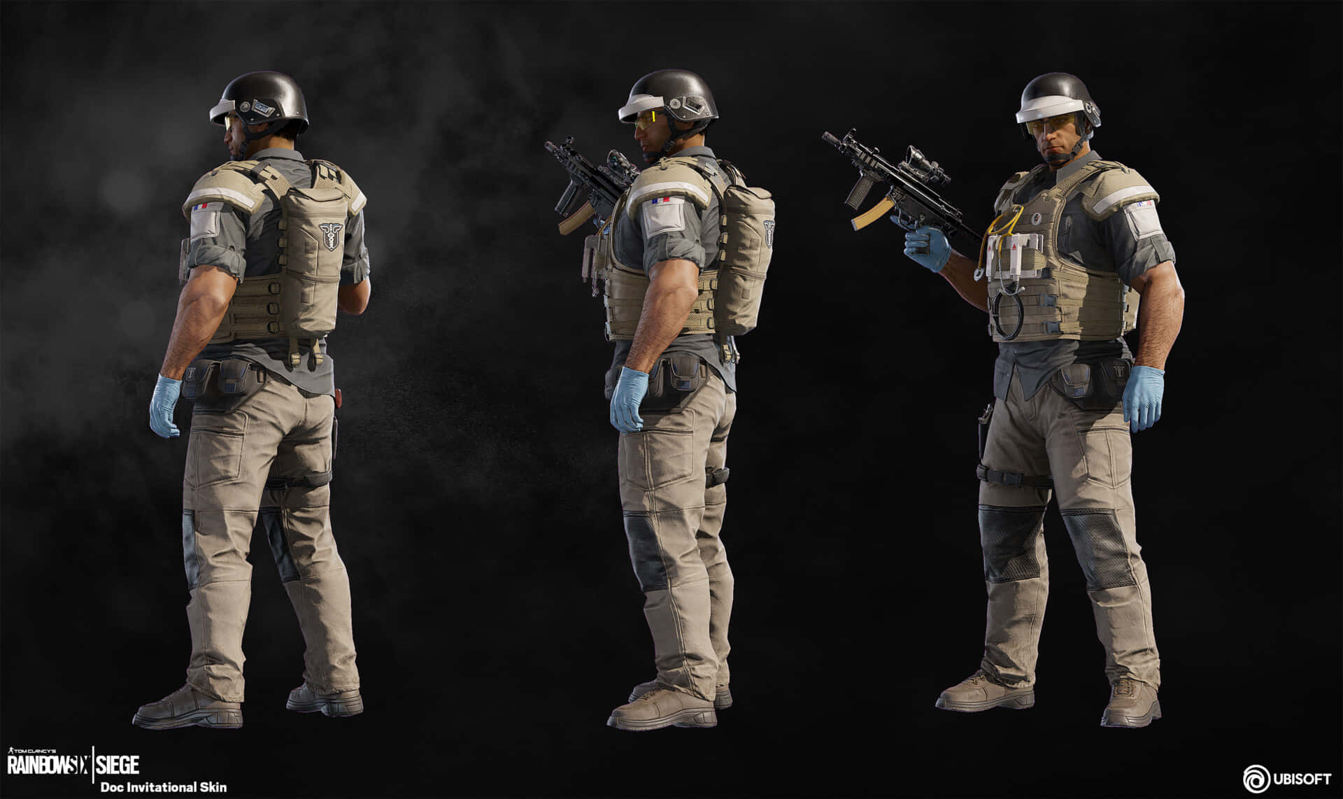 Rainbow Six Siege Doc 桌布 壁紙 — 三名全副武裝的戰術士兵從背面和正面展示，手持步槍，背景為煙霧瀰漫的黑色。