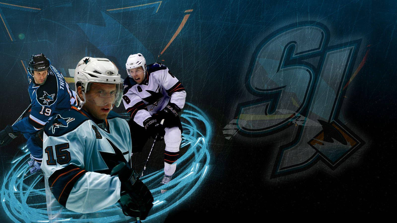 sharks 桌布 壁紙 — 三名冰球運動員以動作姿勢呈現，帶有發光藍色能量漩渦，背景為深色並帶有大型球隊標誌。