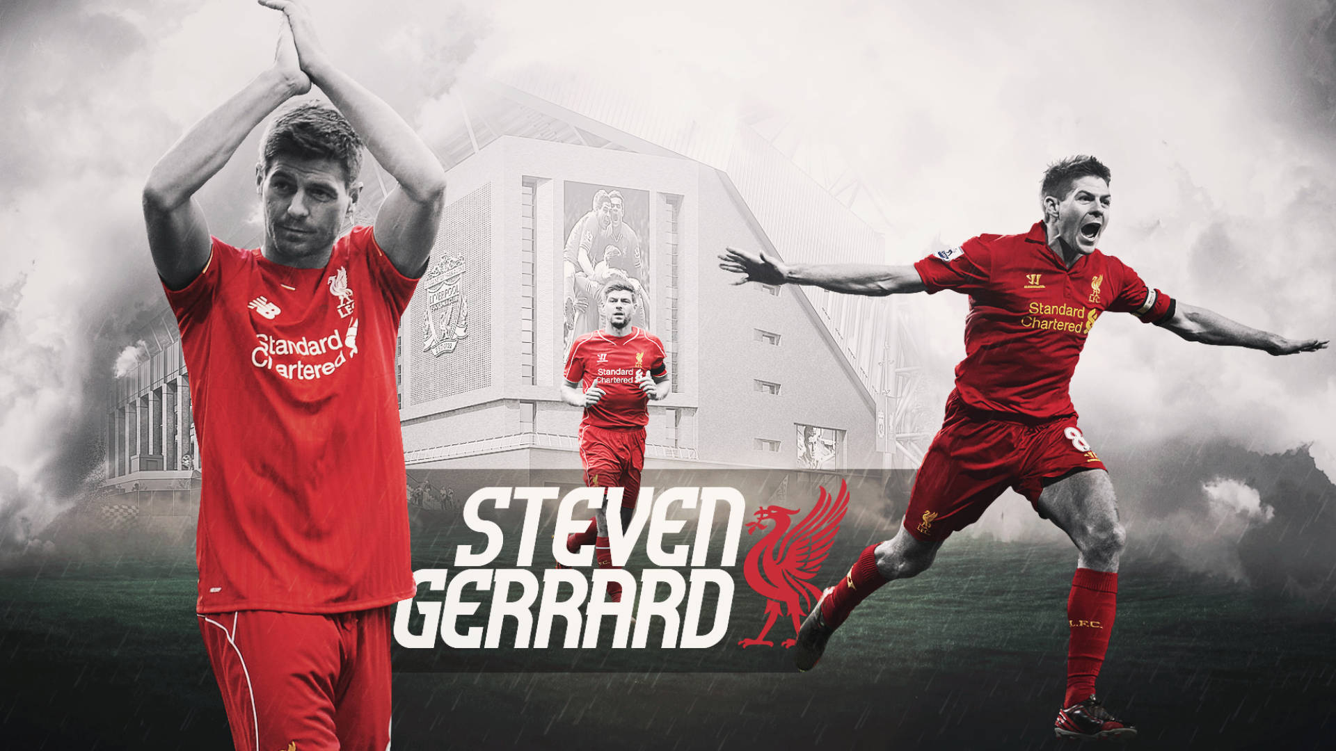 Steven Gerrard 桌布 壁紙 — 三名利物浦球員身穿紅色球衣，在單色球場背景下，伴隨著戲劇性的暴風雲，充滿動感地慶祝。