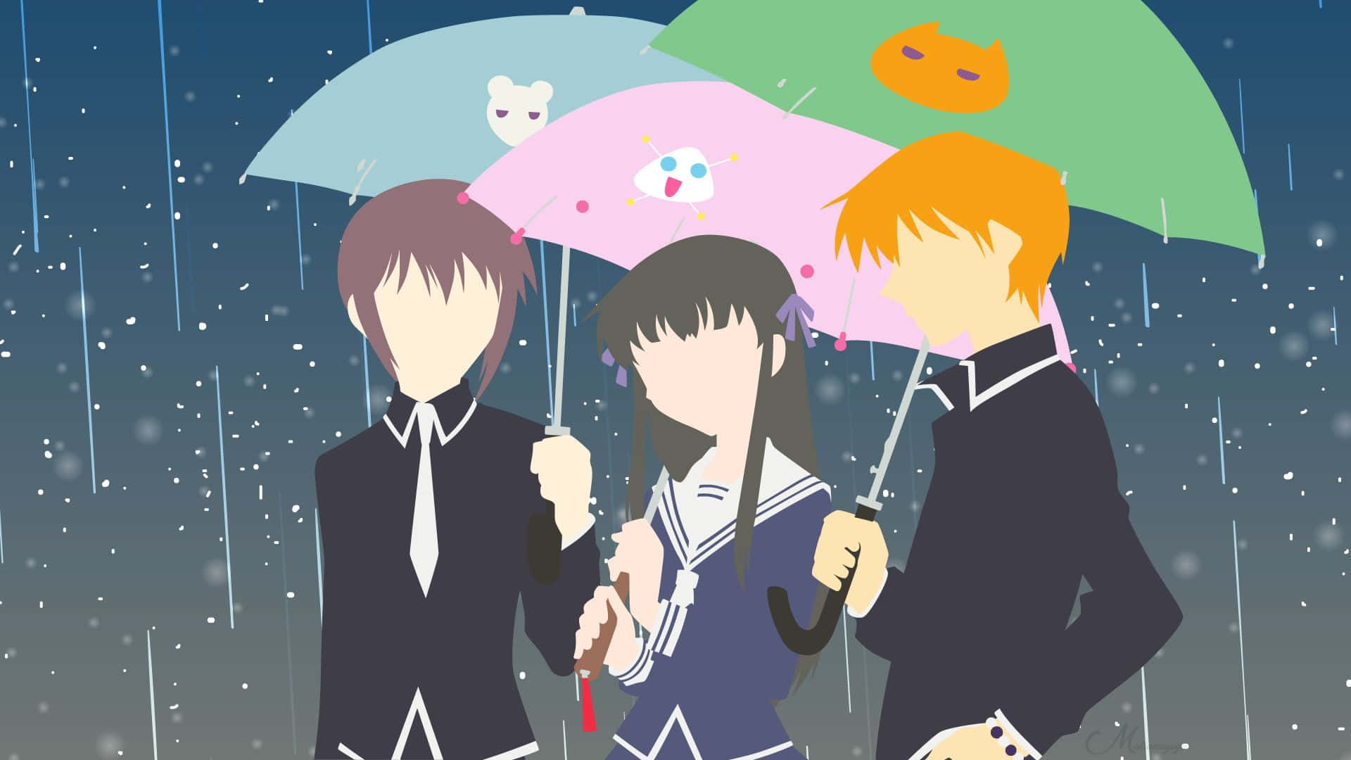 水果籃 桌布 壁紙 — 三名動漫學生穿著校服，在雨夜分享帶有可愛動物面孔的彩色雨傘。