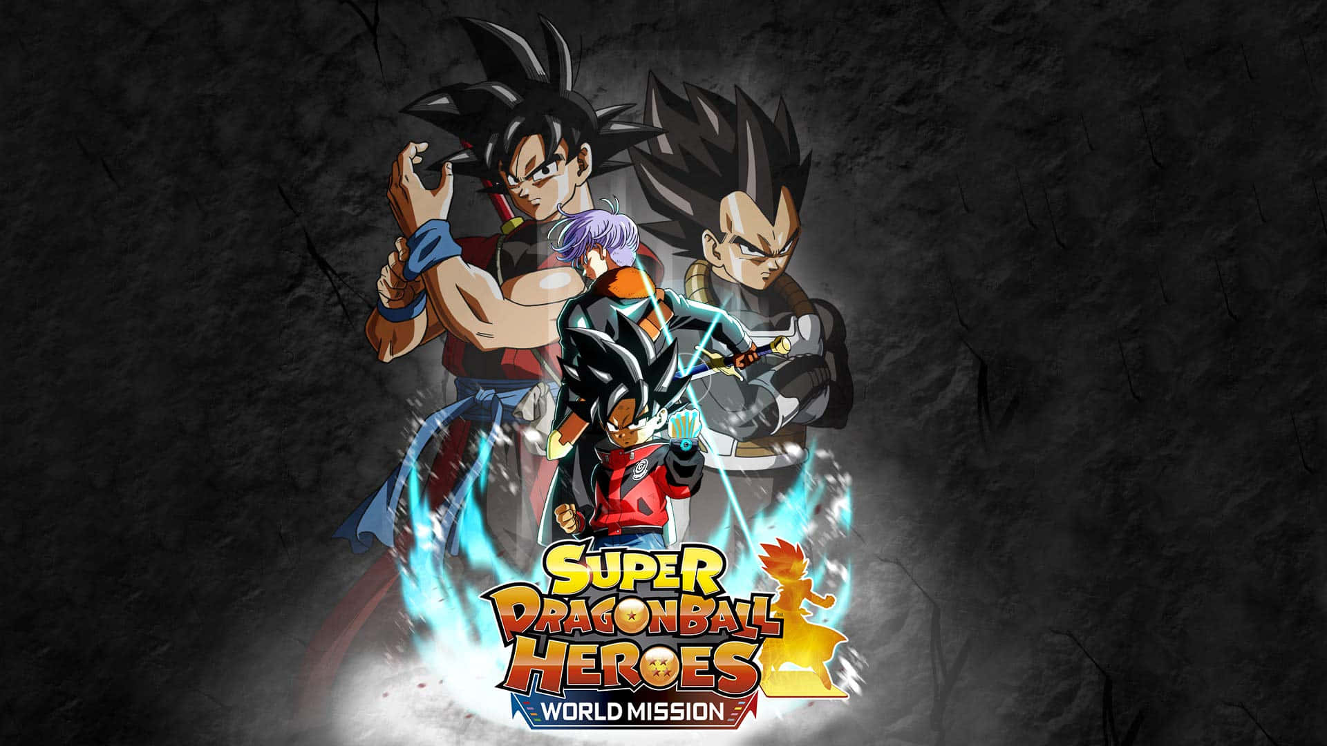 Dragon Ball Heroes 桌布 壁紙 — 三名動漫戰士以動態戰鬥姿態，在裂開的深色石頭背景下散發出藍色能量。