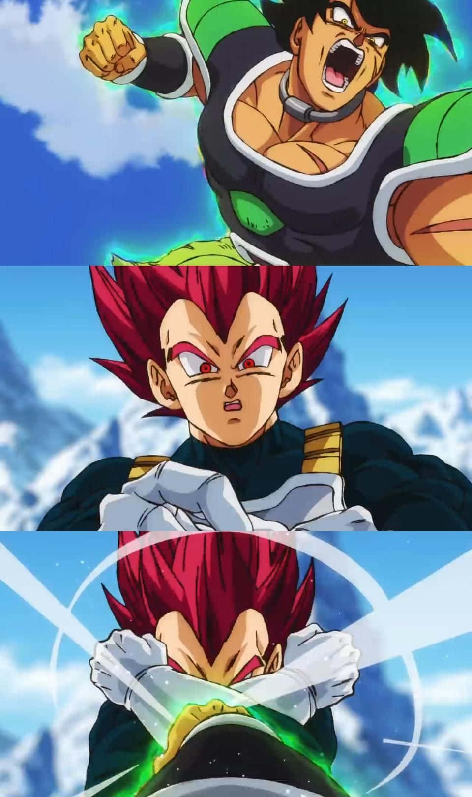 Vegeta And Broly 桌布 壁紙 — 三名動漫戰士在明亮的藍天下，以雪山為背景擺出戰鬥姿勢。
