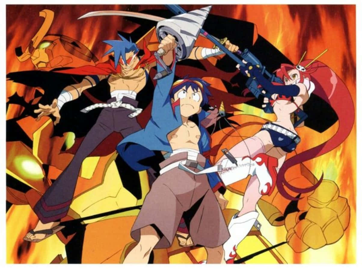 Gurren Lagann 桌布 壁紙 — 三名動漫戰士在熾熱背景下動態碰撞，眼睛發光，帶有戲劇性的運動線條。