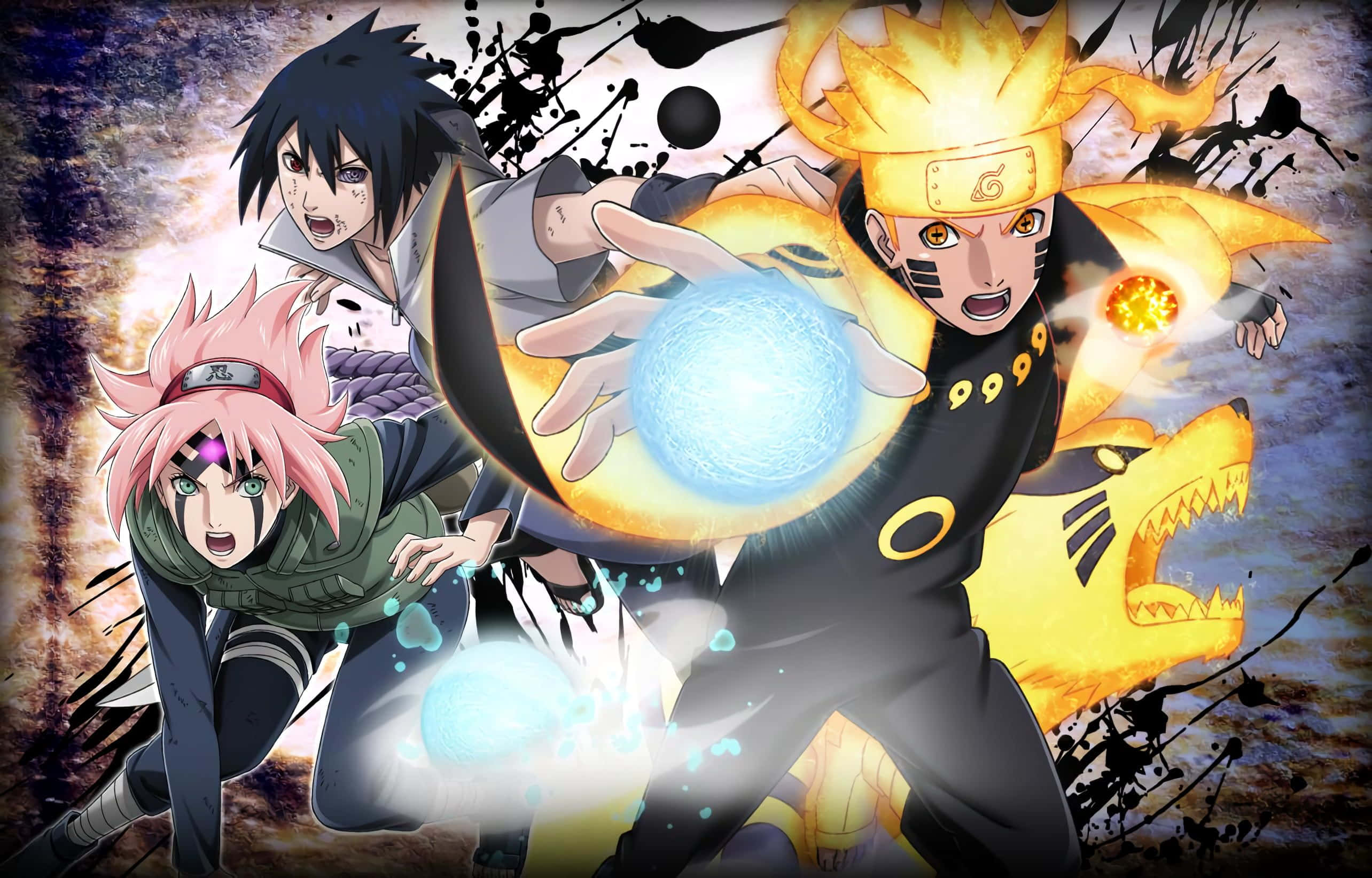 Naruto Rasengan 桌布 壁紙 — 三名動漫戰士在黑暗的飛濺背景上釋放發光的查克拉球，帶有火焰能量效果。