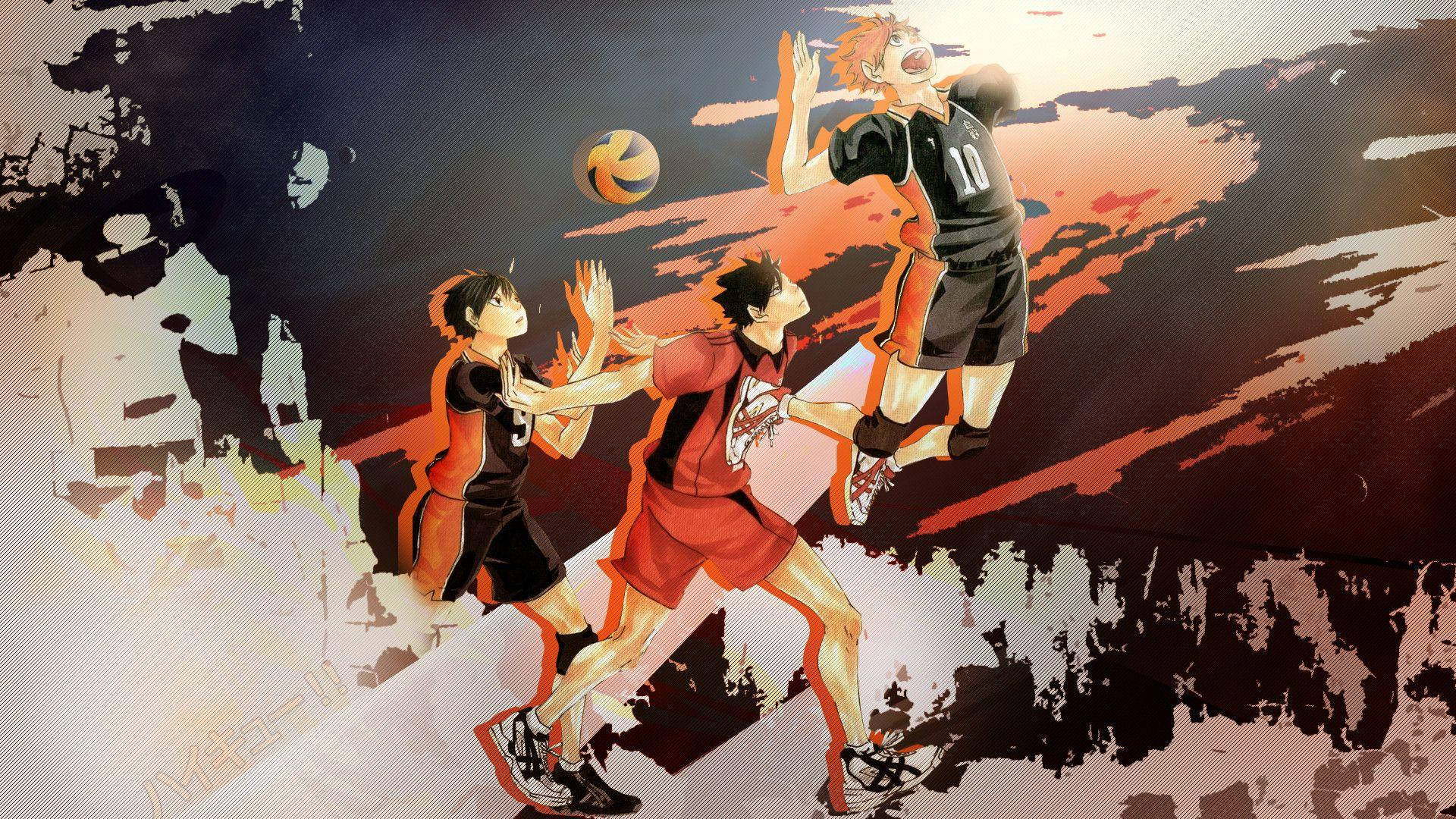 Haikyuu Teams 桌布 壁紙 — 三名動漫排球選手在熾熱的夕陽背景下騰空躍起並在空中交鋒。